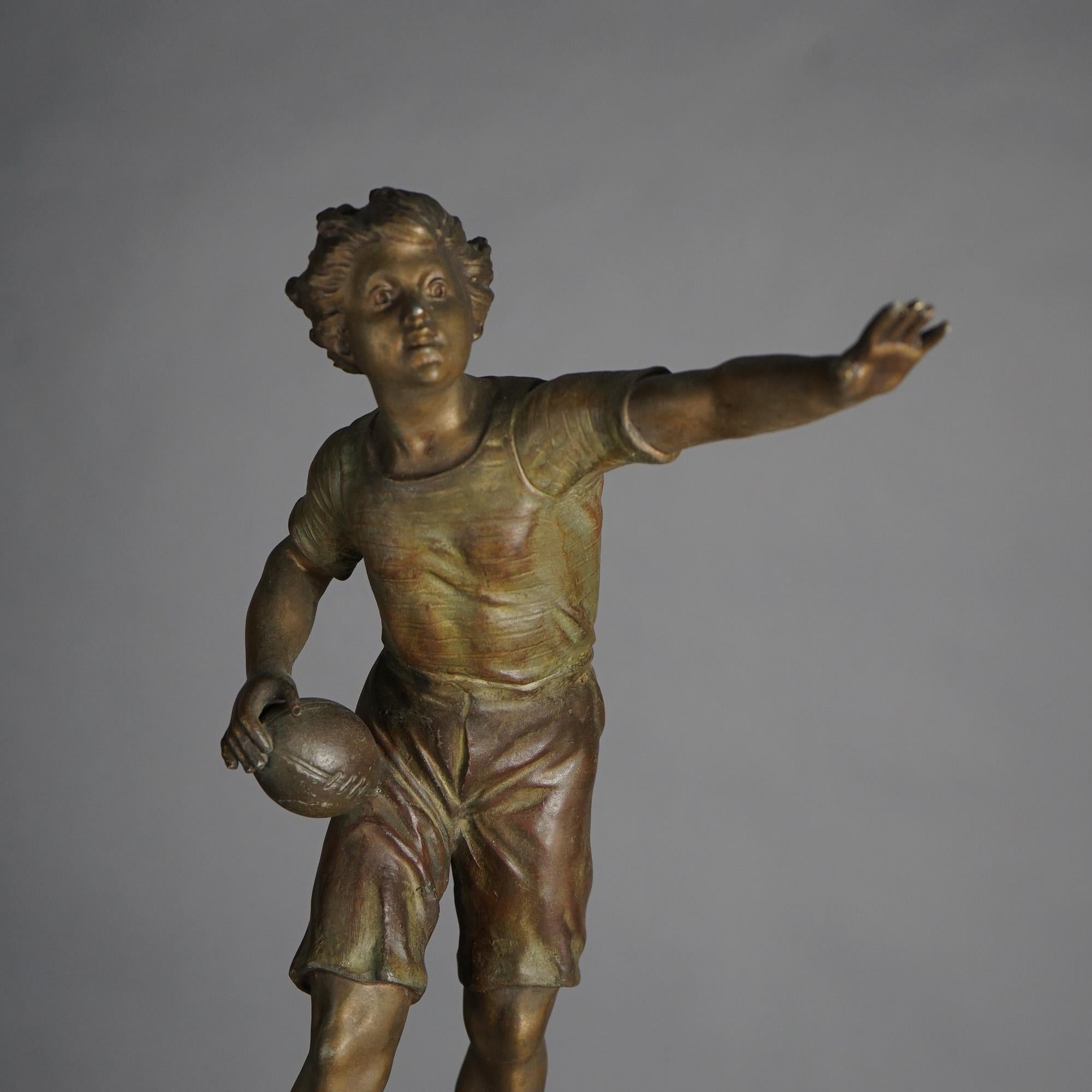 Moreau Bronze-Metallfußspieler-Statue auf Marmor geriffelter Säule, geriffelte Säule, um 1900 im Angebot 1