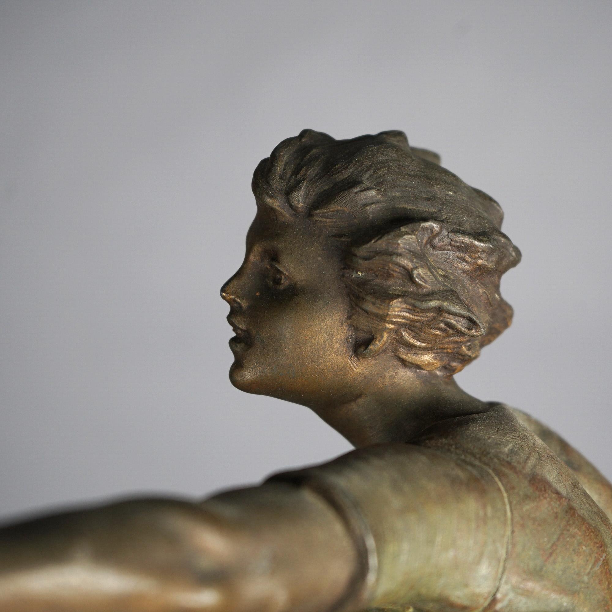 Moreau Bronze-Metallfußspieler-Statue auf Marmor geriffelter Säule, geriffelte Säule, um 1900 im Angebot 3