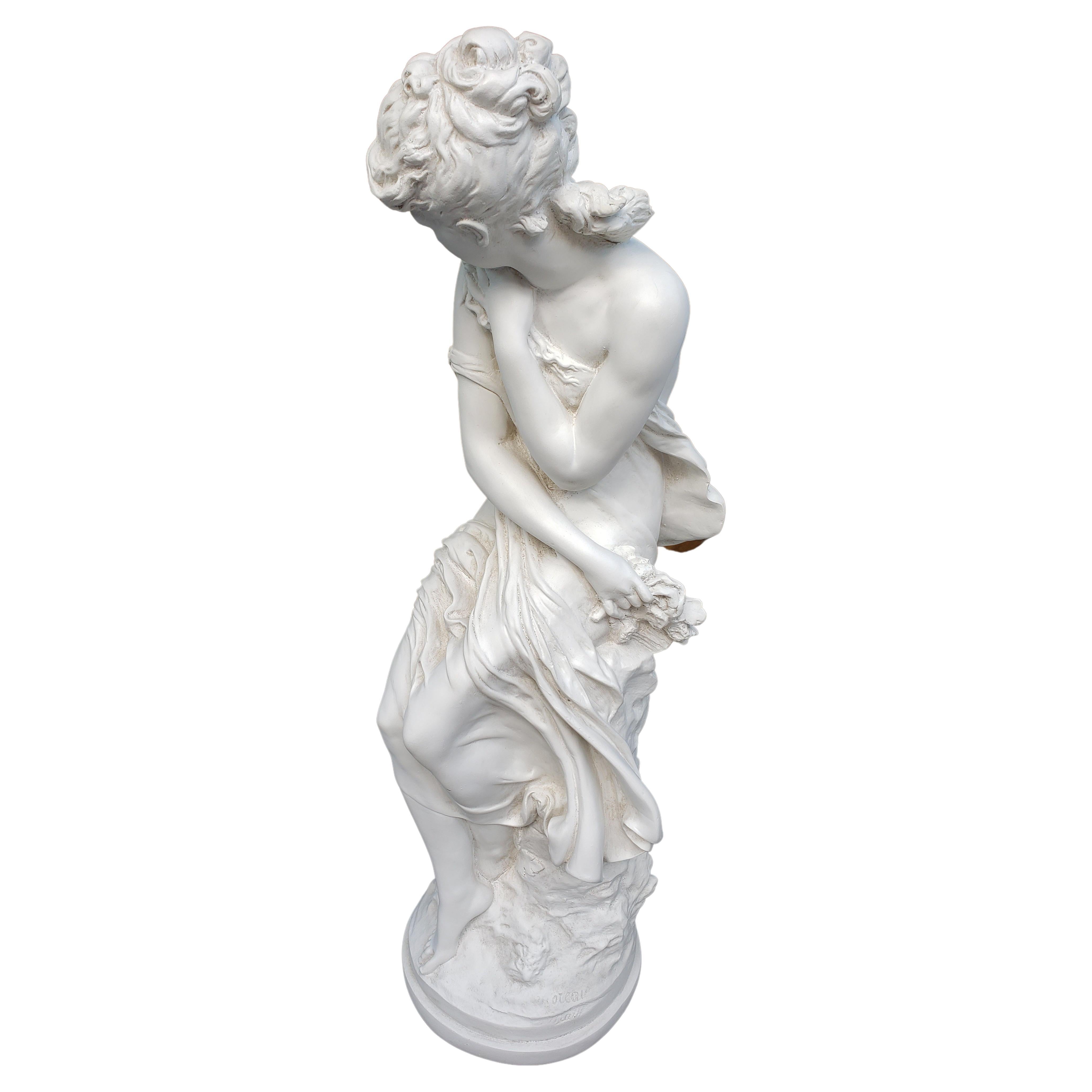 Moreau signed plaster figural statue depicting a young lady sitting on a pedestal and looking back ward , Circa 1930s
Measurements are 7.5