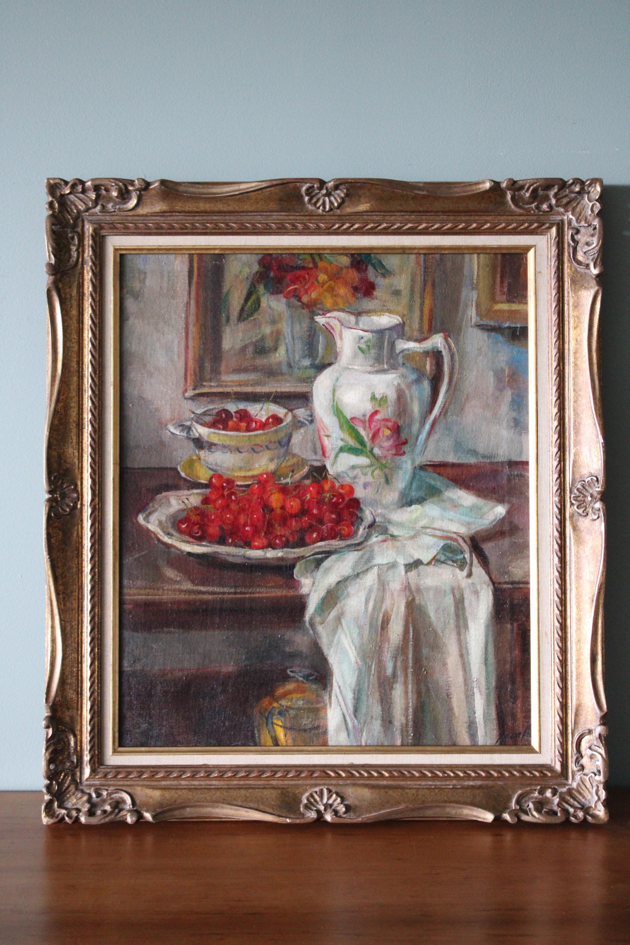 Antique Still Life oil painting of cherries and jug, interior scene signed Morel For Sale 1