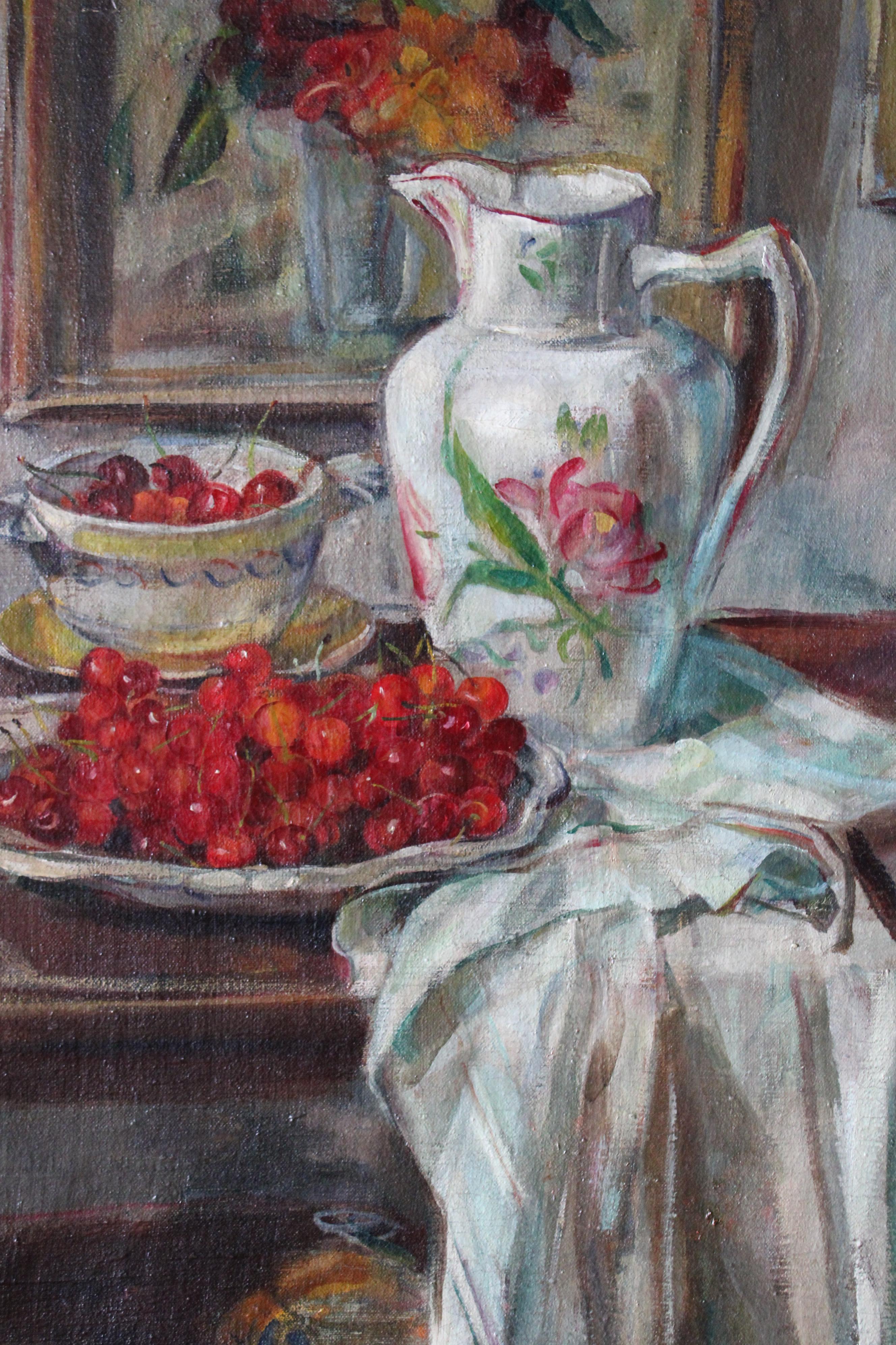 Antico dipinto ad olio Still Life di ciliegie e brocca, scena interna firmata Morel 2