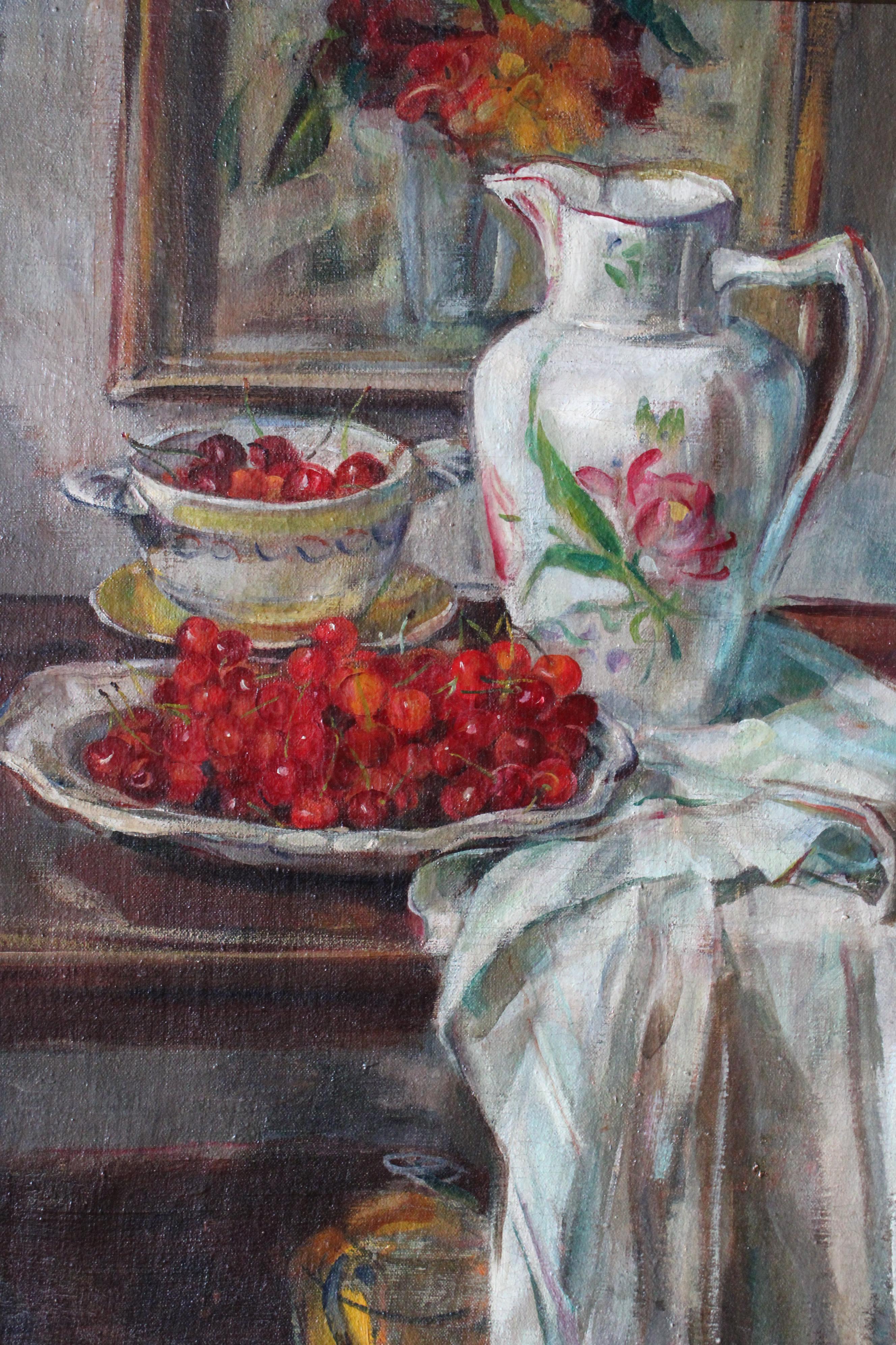 Antique Still Life oil painting of cherries and jug, interior scene signed Morel For Sale 3