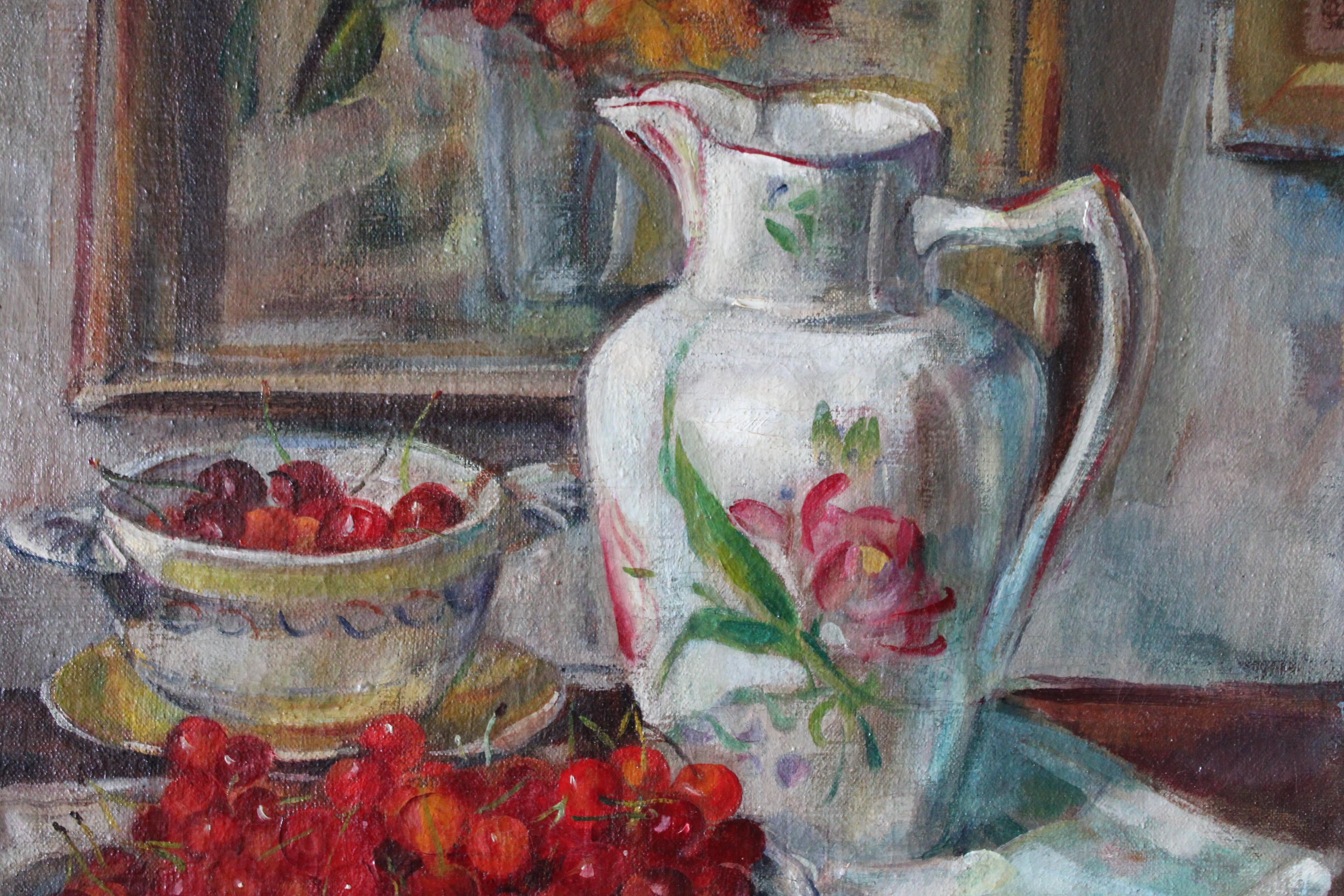 Antique Still Life oil painting of cherries and jug, interior scene signed Morel For Sale 4