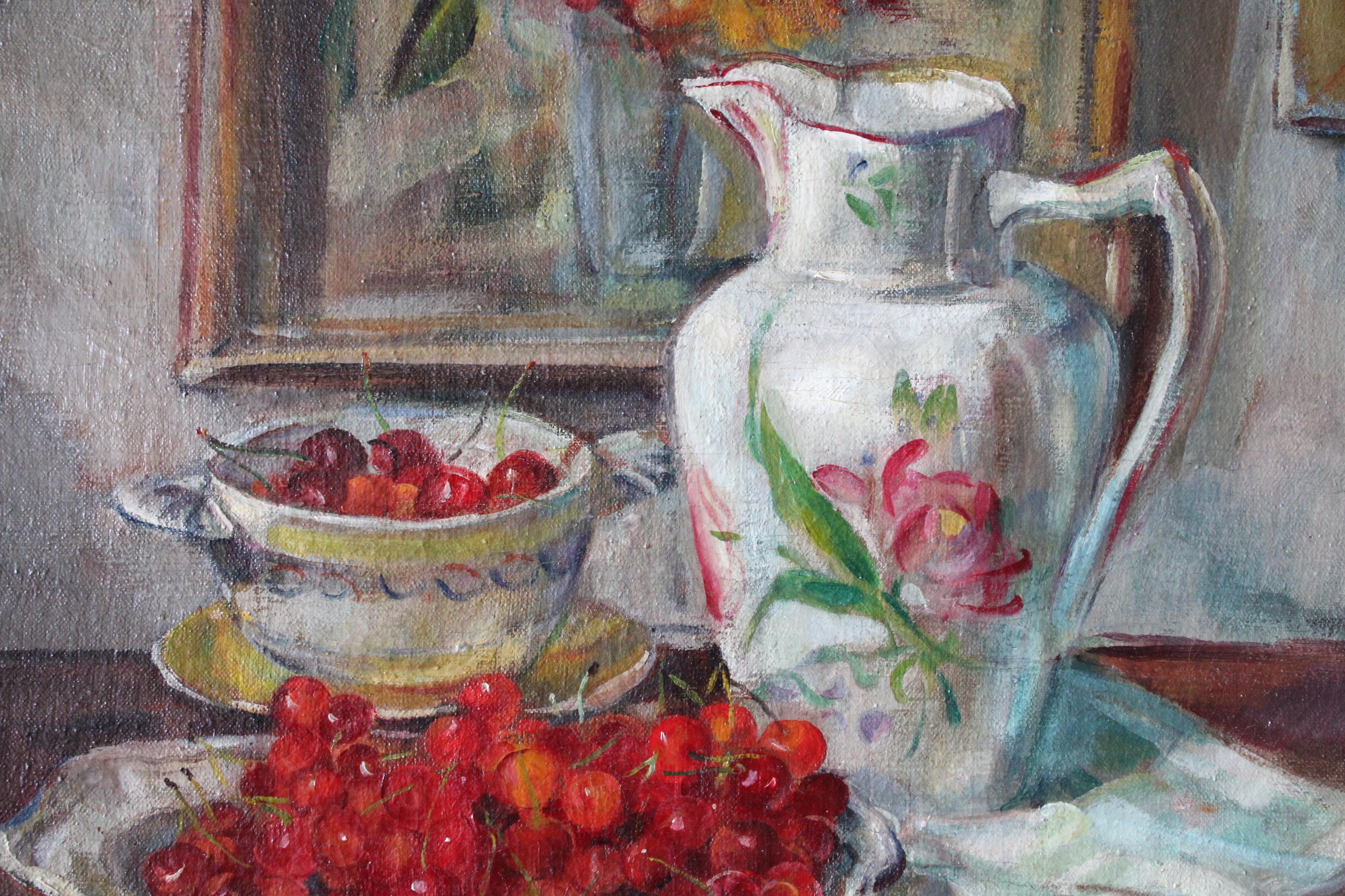 Antique Still Life oil painting of cherries and jug, interior scene signed Morel For Sale 5