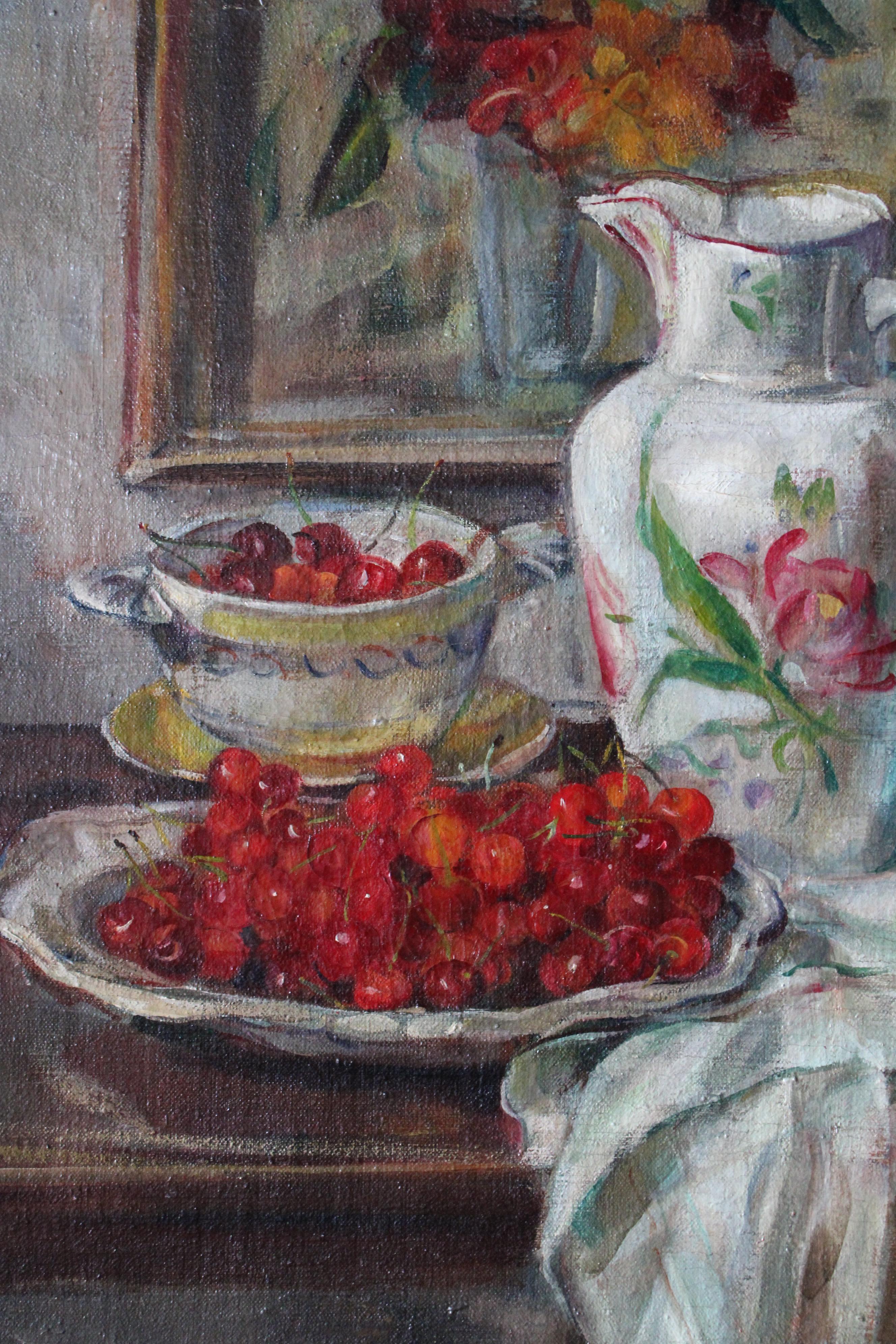Antique Still Life oil painting of cherries and jug, interior scene signed Morel For Sale 6