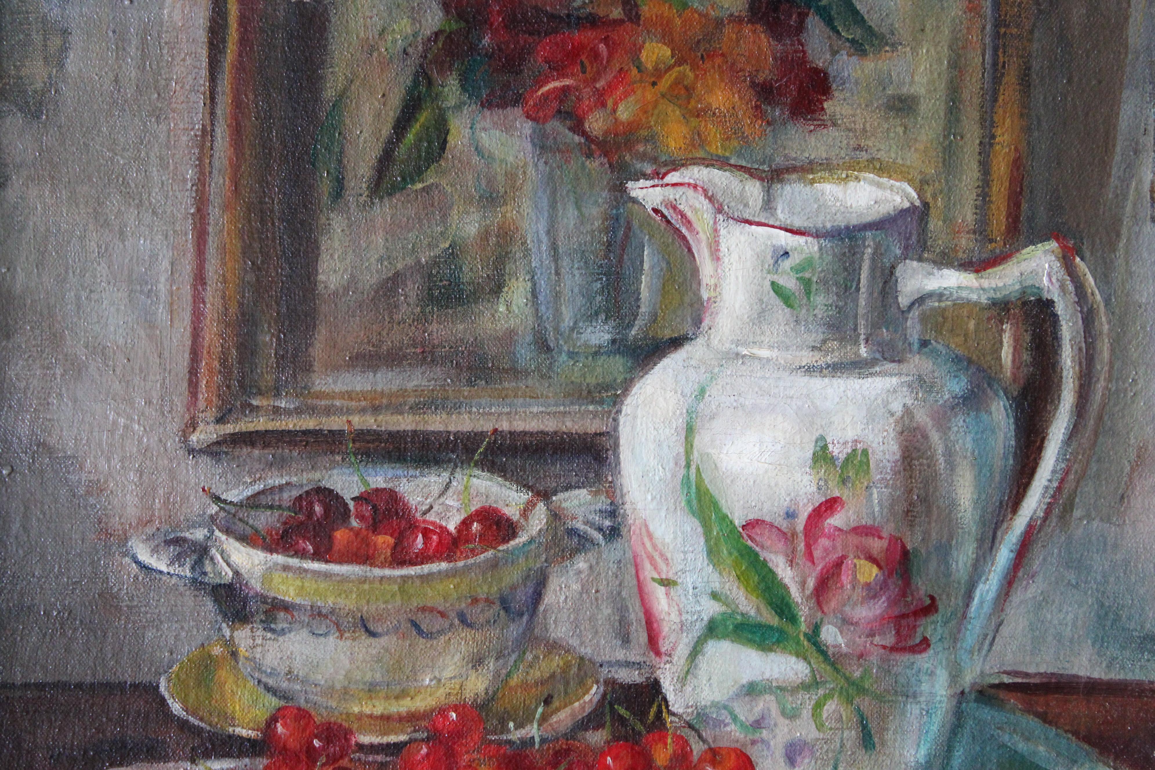Antique Still Life oil painting of cherries and jug, interior scene signed Morel For Sale 7