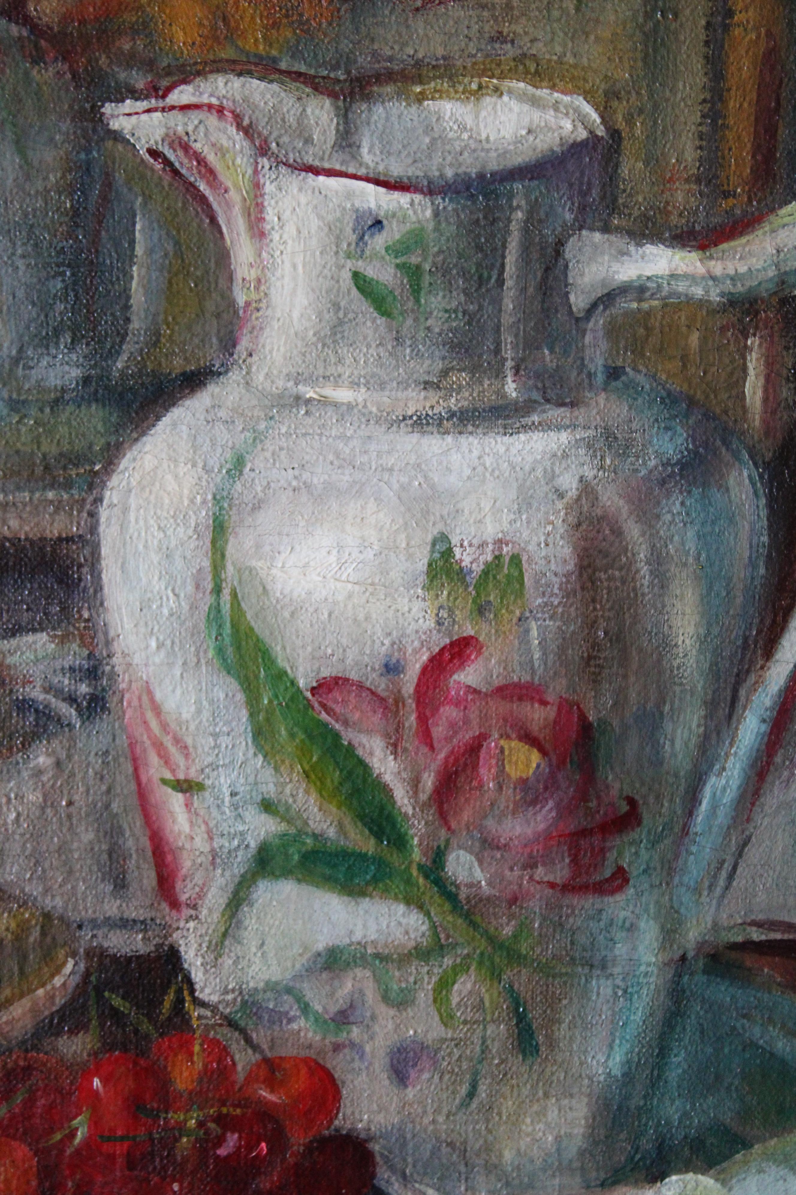 Antico dipinto ad olio Still Life di ciliegie e brocca, scena interna firmata Morel 8