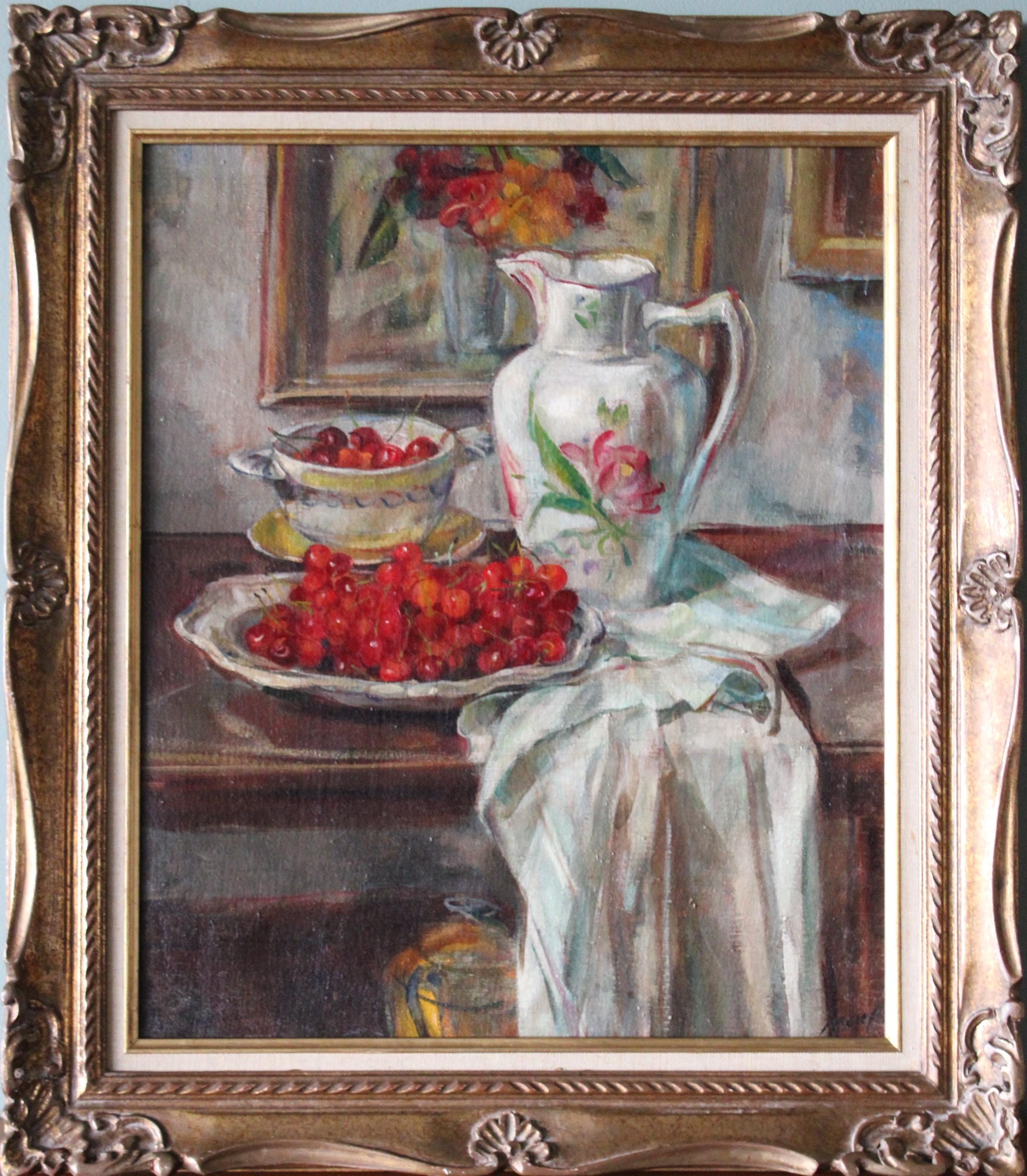 Antique early 1900's still life on stretched canvas, signed in the bottom right corner, Morel.  A very attractive interior scene oil painting of cherries on a silver plate and even more in a small bowl set on a table with a cloth dangling to add