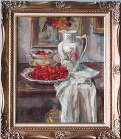 Antico dipinto ad olio Still Life di ciliegie e brocca, scena interna firmata Morel