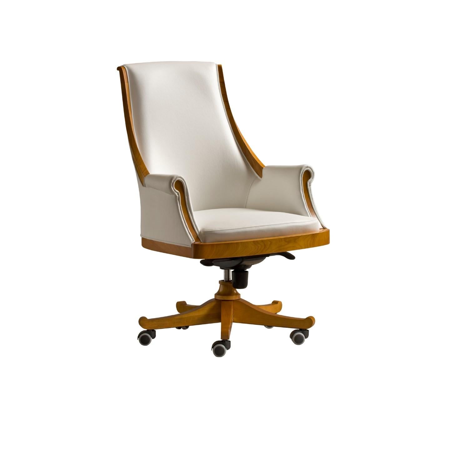 President is a new line dedicated to the workplace, inspired by the Biedermeier style but with a modern twist. Pieces of furniture with important lines and of unique design.
Armchair on wheels
Made of solid cherrywood and available in different