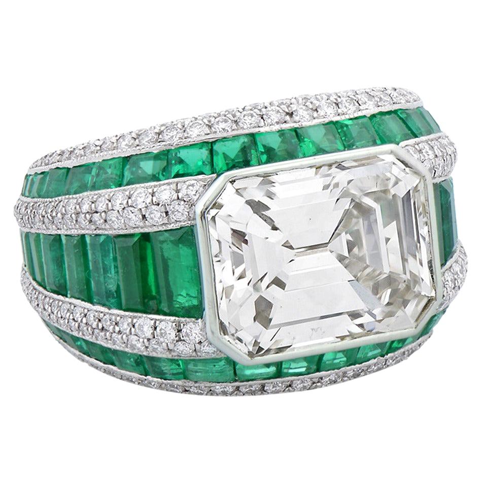 Morelle Davidson 5.82 Carat Emerald Cut Diamond Emerald Platinum Cocktail Ring For Sale