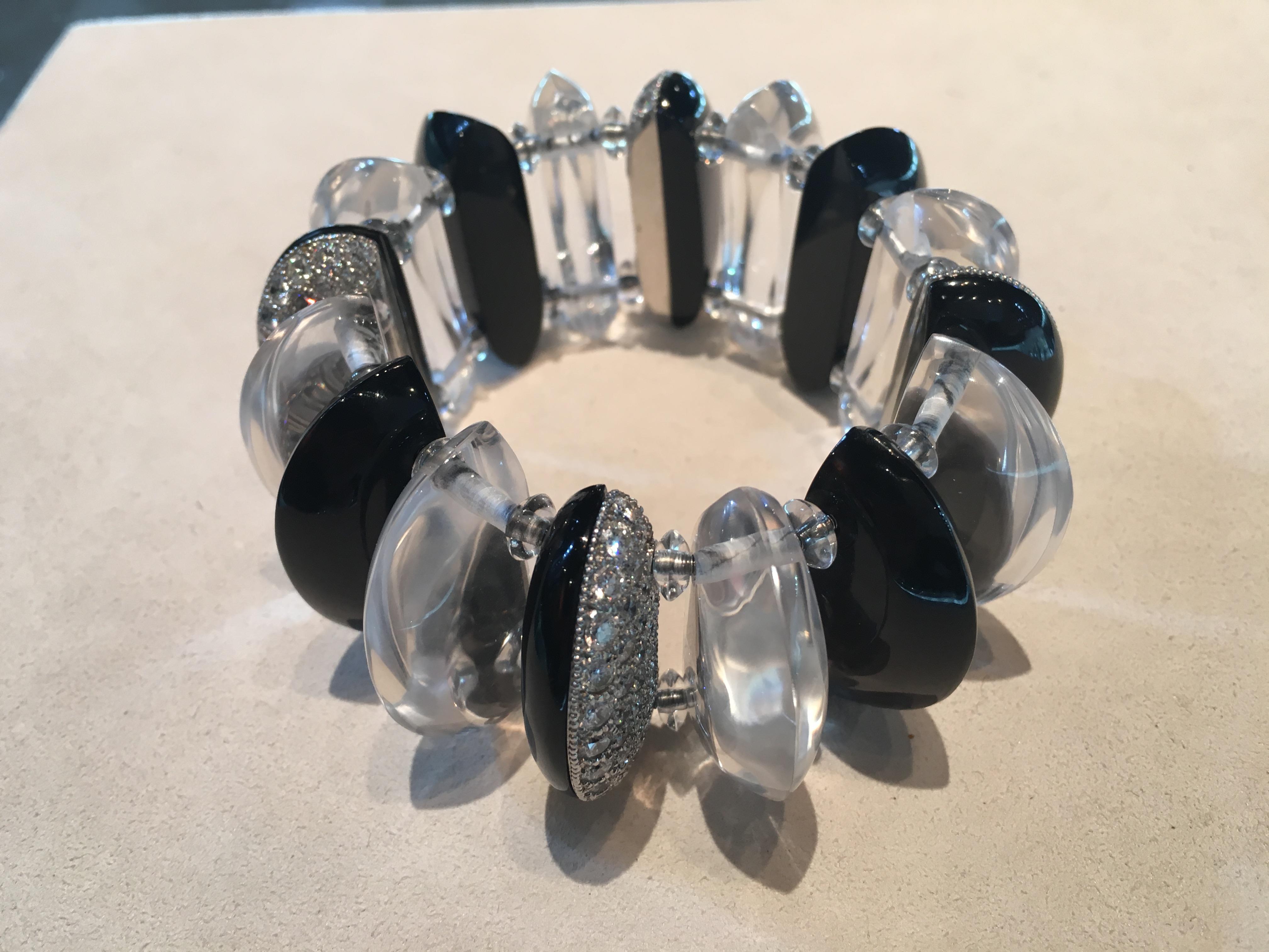 Mixed Cut Morelle Davidson Rock Crystal Onyx Diamond Platinum Bracelet  For Sale