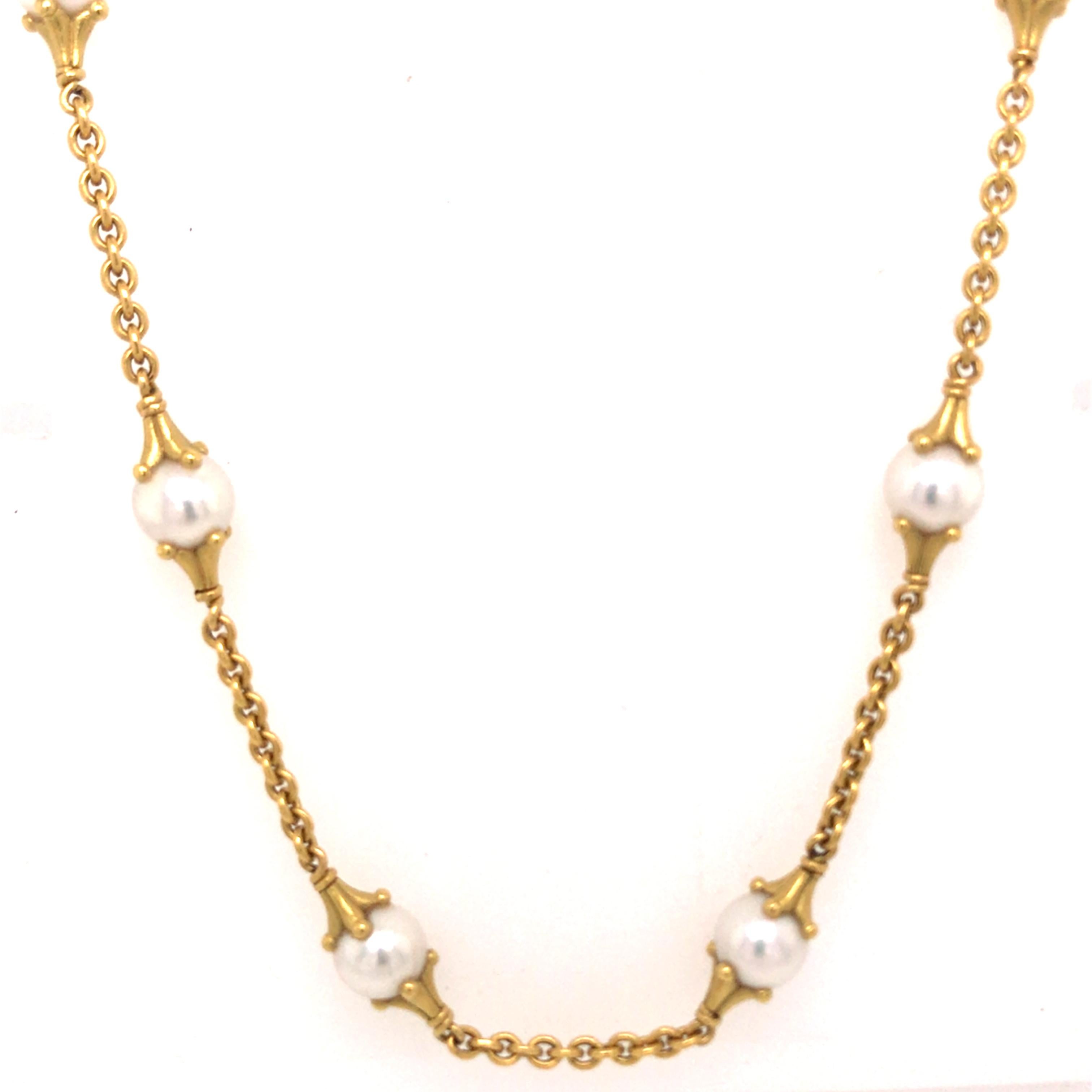 Morelli 18K Yellow Gold Pearl Station Necklace In Good Condition In Boca Raton, FL