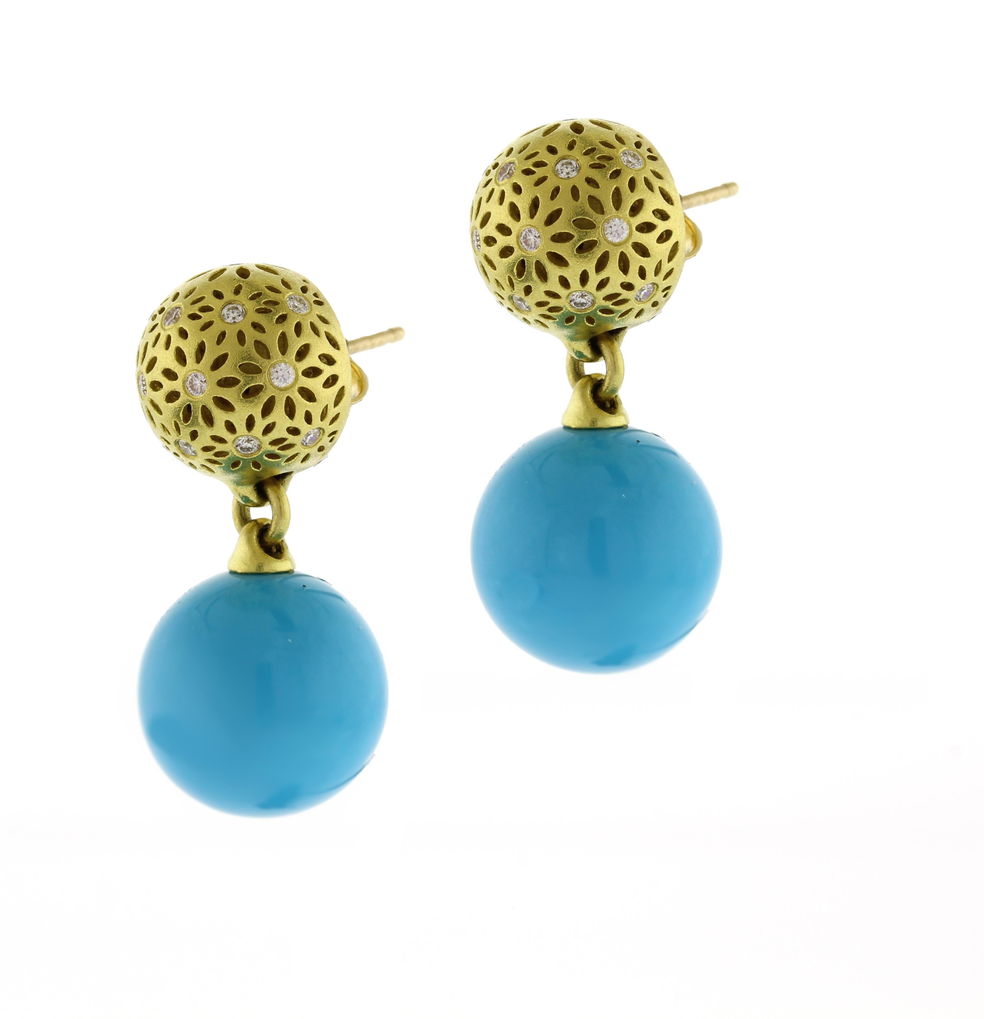 Morelli Turquoise and Diamond Drop Earrings In Excellent Condition In Bethesda, MD
