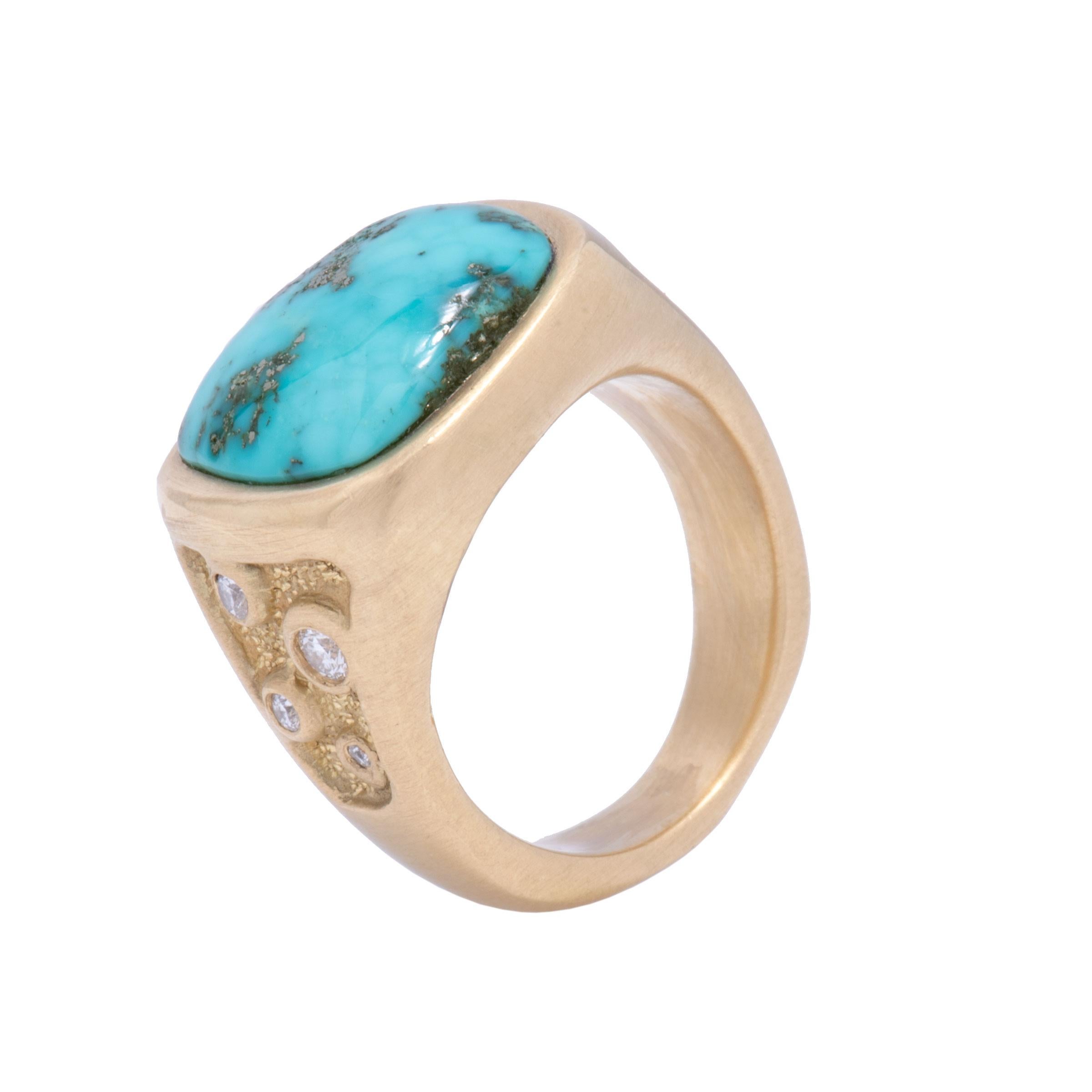 Contemporary Morenci Turquoise Signet Ring in 18 Karat Gold with Diamonds For Sale