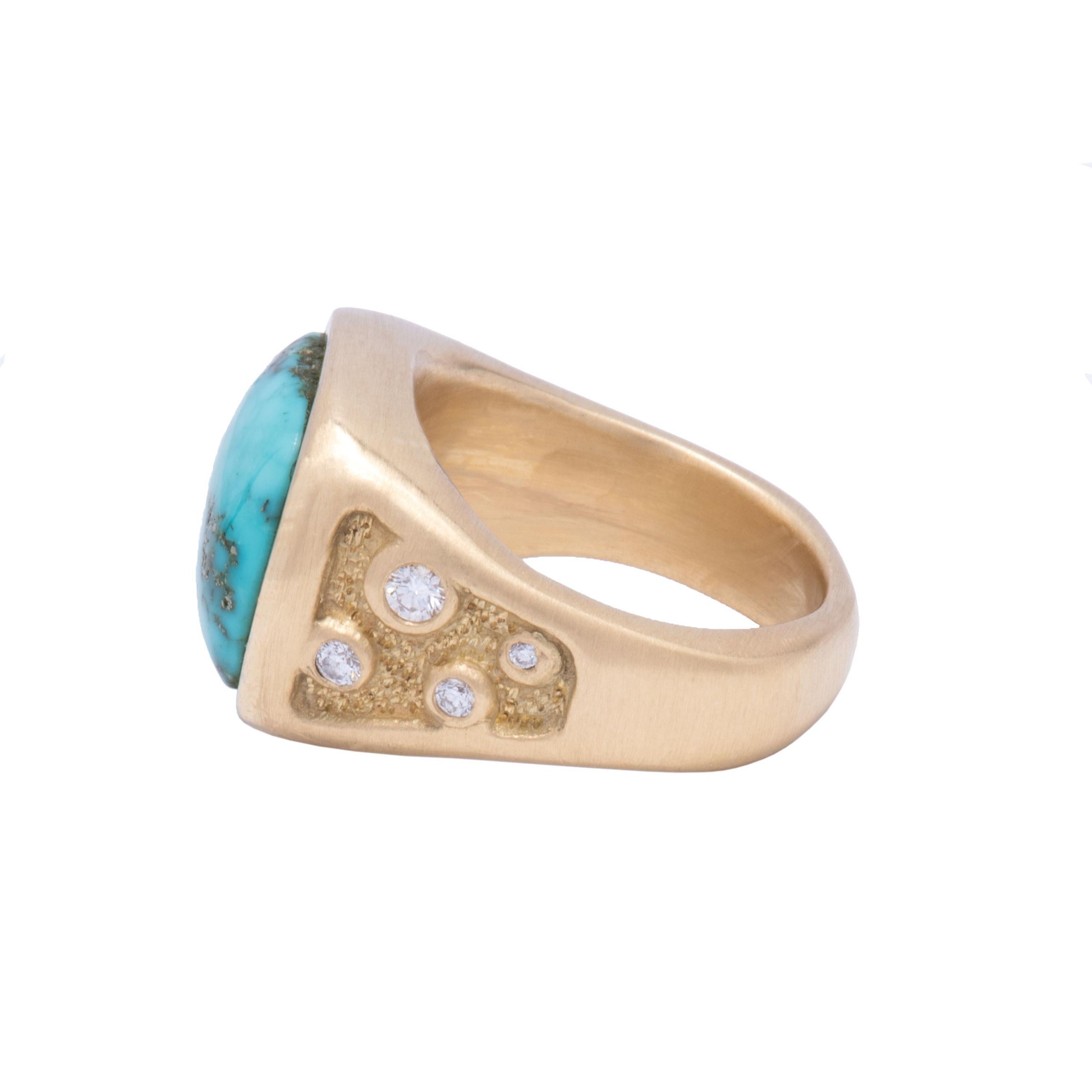 Morenci Turquoise Signet Ring in 18 Karat Gold with Diamonds In New Condition For Sale In Santa Fe, NM
