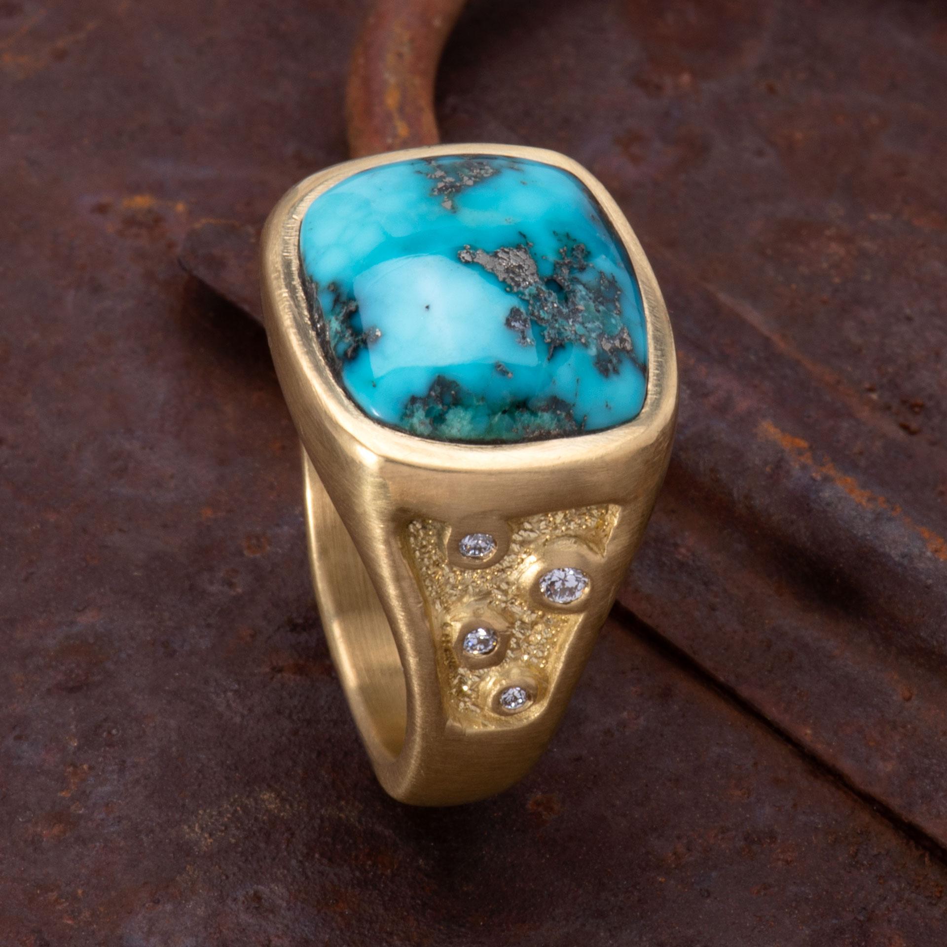 Women's or Men's Morenci Turquoise Signet Ring in 18 Karat Gold with Diamonds For Sale