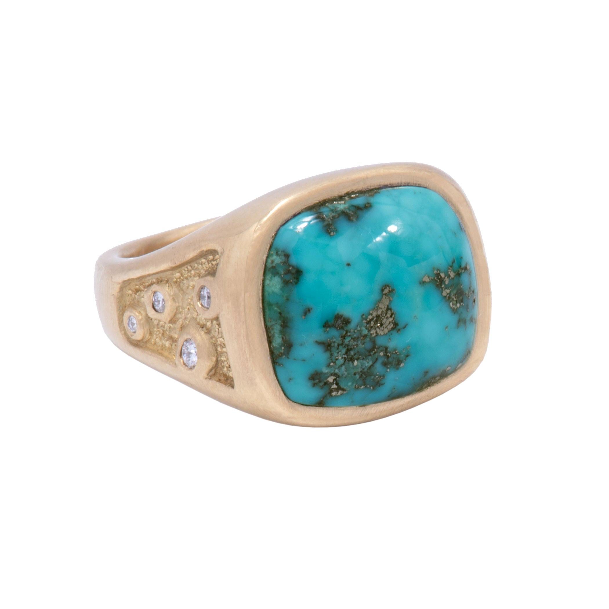 Morenci Turquoise Signet Ring in 18 Karat Gold with Diamonds For Sale
