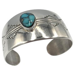 Morenci Turquoise Sterling Silver Cuff by Navajo Silversmith Jonathon Mike