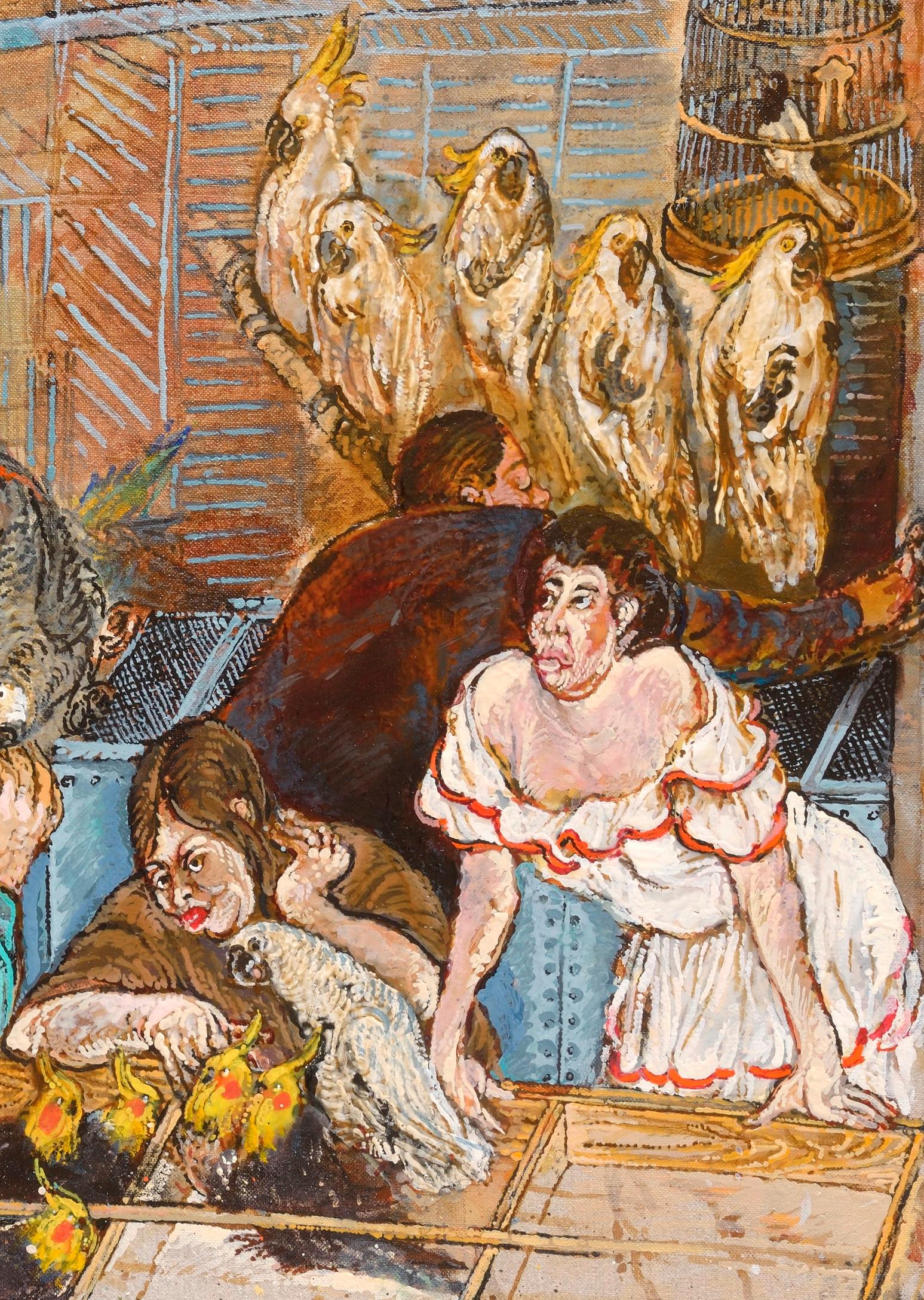 Pájaros Moreno Pincas Arte contemporáneo pintura al óleo retrato animal humano comedia en venta 2