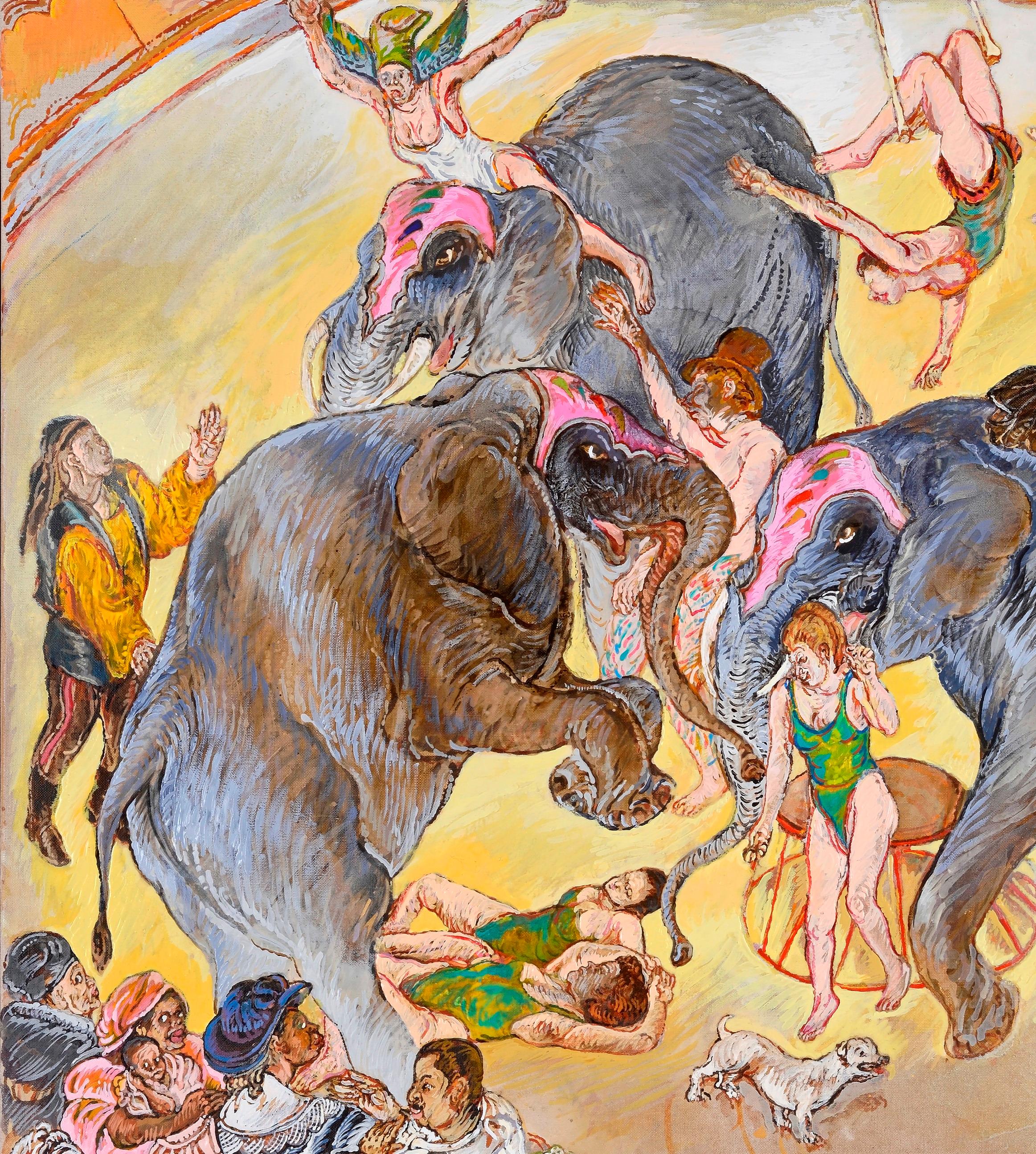 Elephants and acrobats Moreno Pincas Contemporary art painting animal circus  1