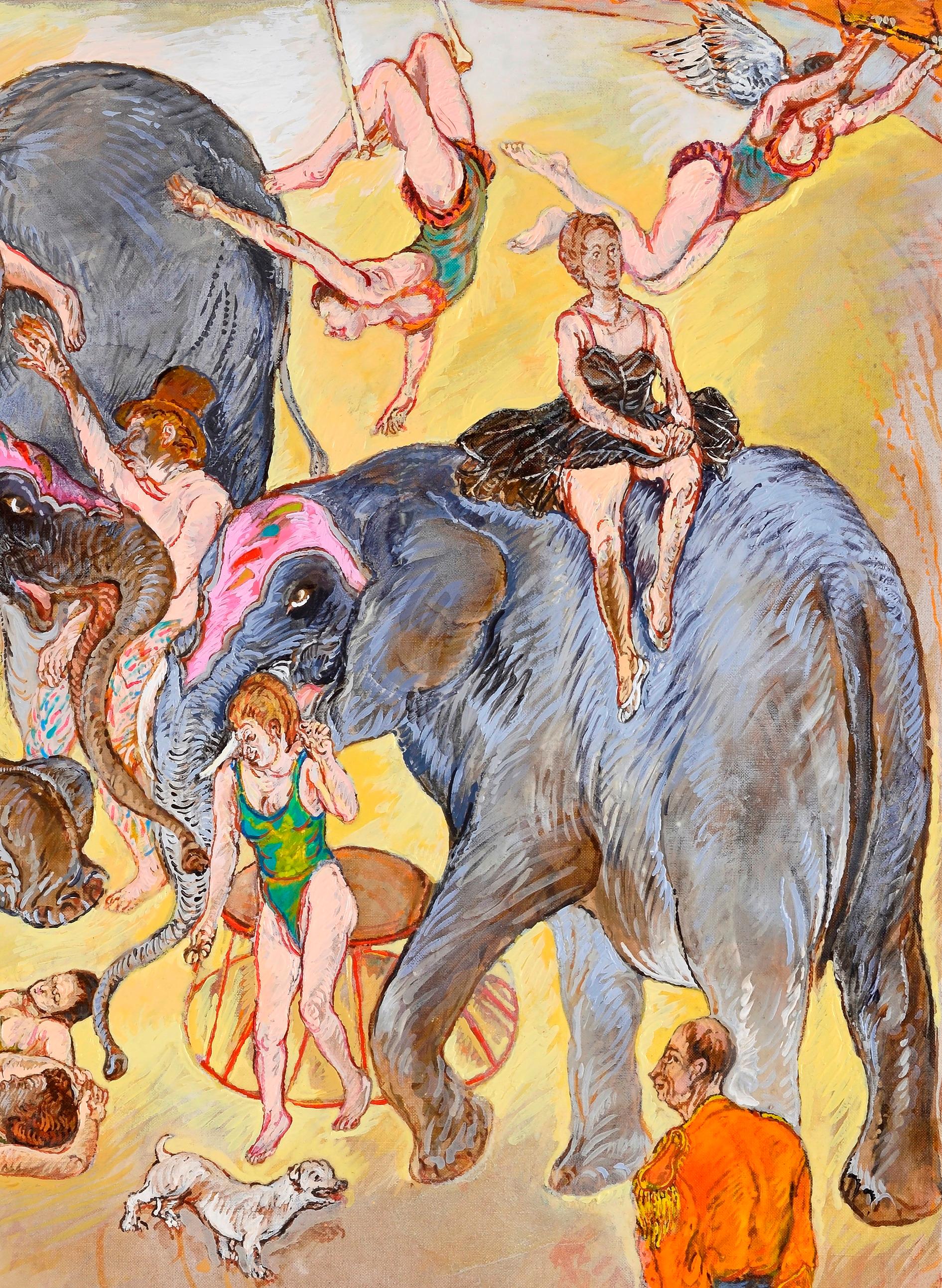 Elephants and acrobats Moreno Pincas Contemporary art painting animal circus  For Sale 2