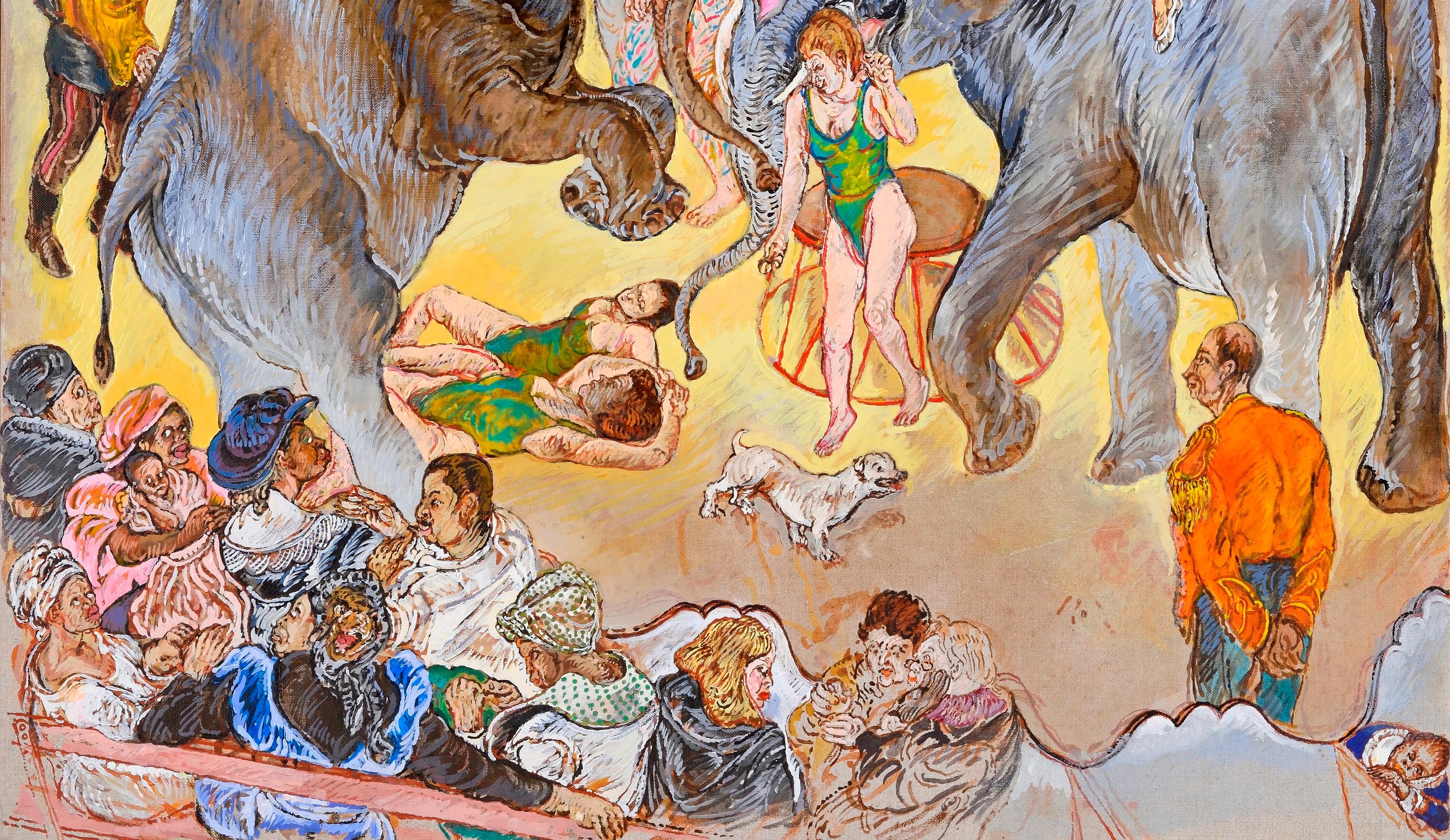 Elephants and acrobats Moreno Pincas Contemporary art painting animal circus  3