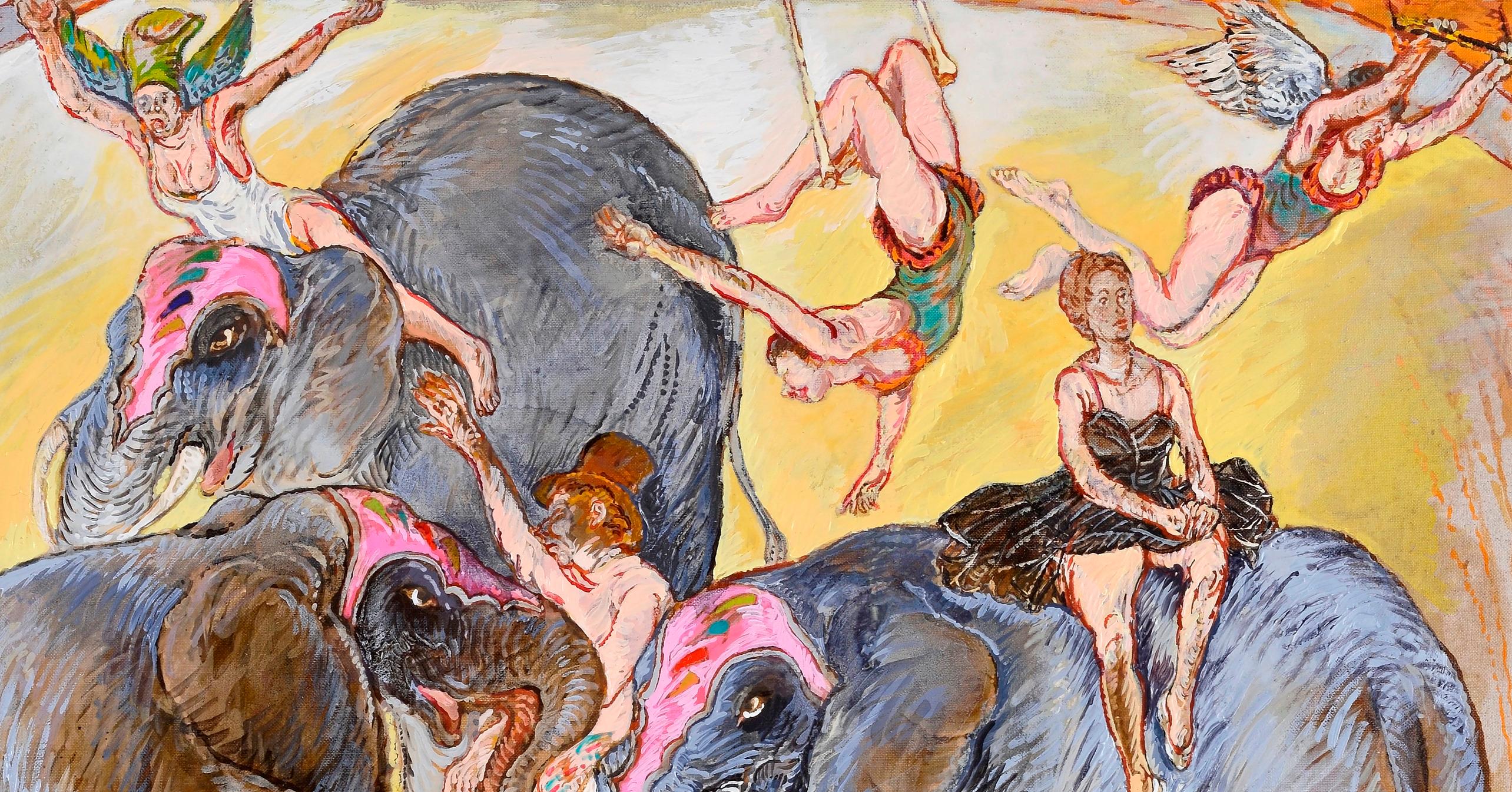 Elephants and acrobats Moreno Pincas Contemporary art painting animal circus  For Sale 4