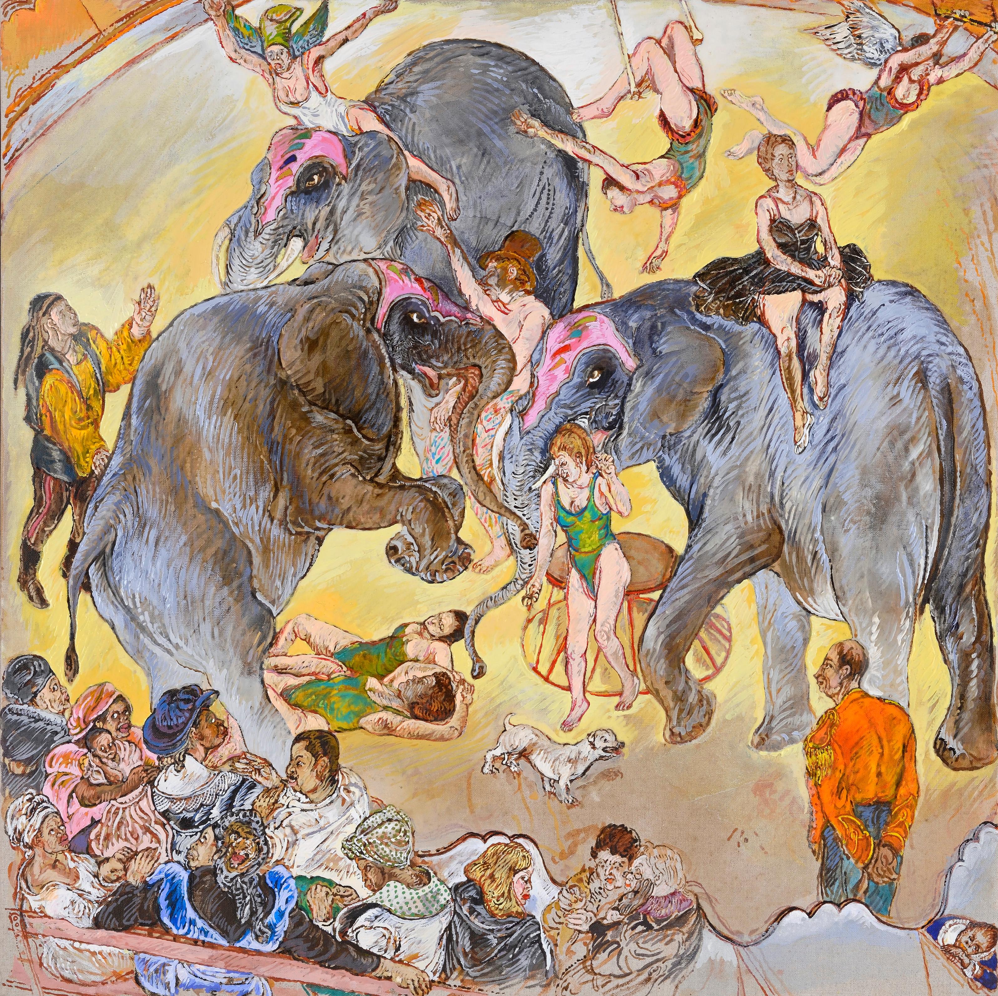 Elephants and acrobats Moreno Pincas Contemporary art painting animal circus 