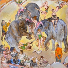 Elefanten und Akrobaten Moreno Pincas Zeitgenössische Kunst Gemälde Tierkreis 