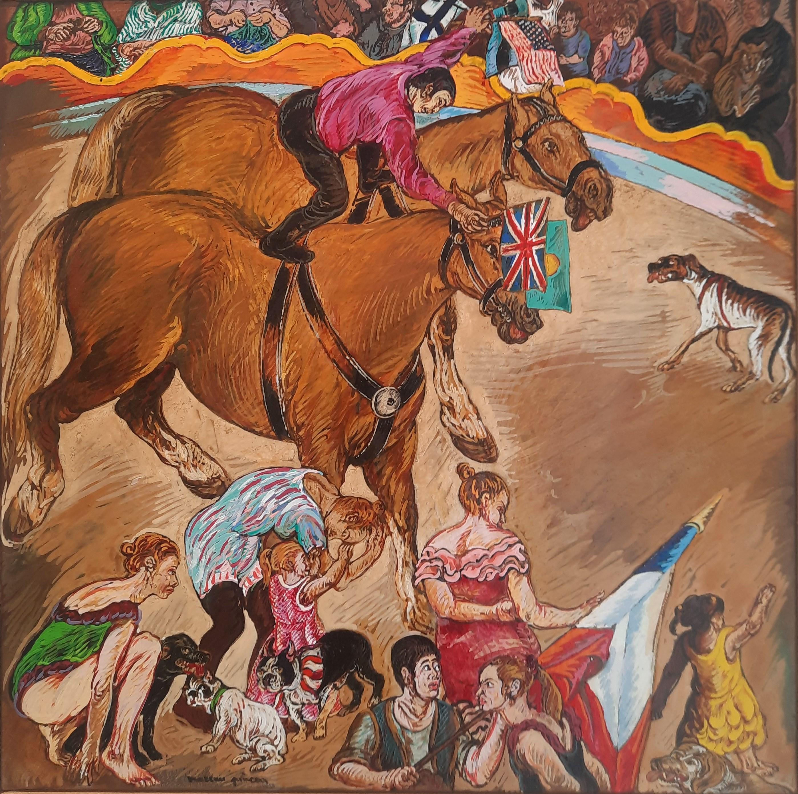 Figurative Painting Moreno Pincas - Aincas-Moreno Moreno Peinture d'art contemporain animal de cirque cheval pastel
