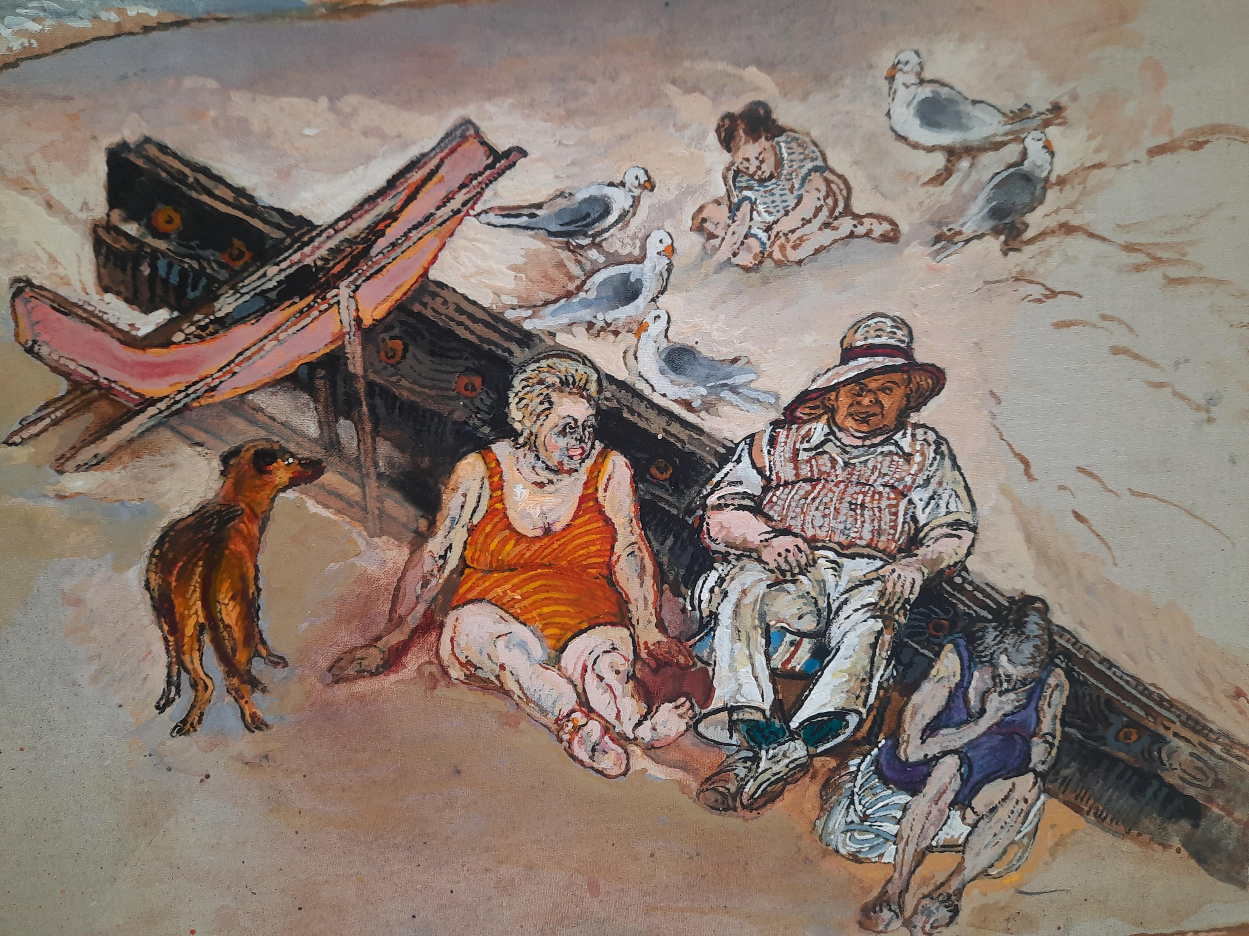 The Angels Pincas-Moreno Moreno Art contemporain peinture femme rouge plage en vente 6