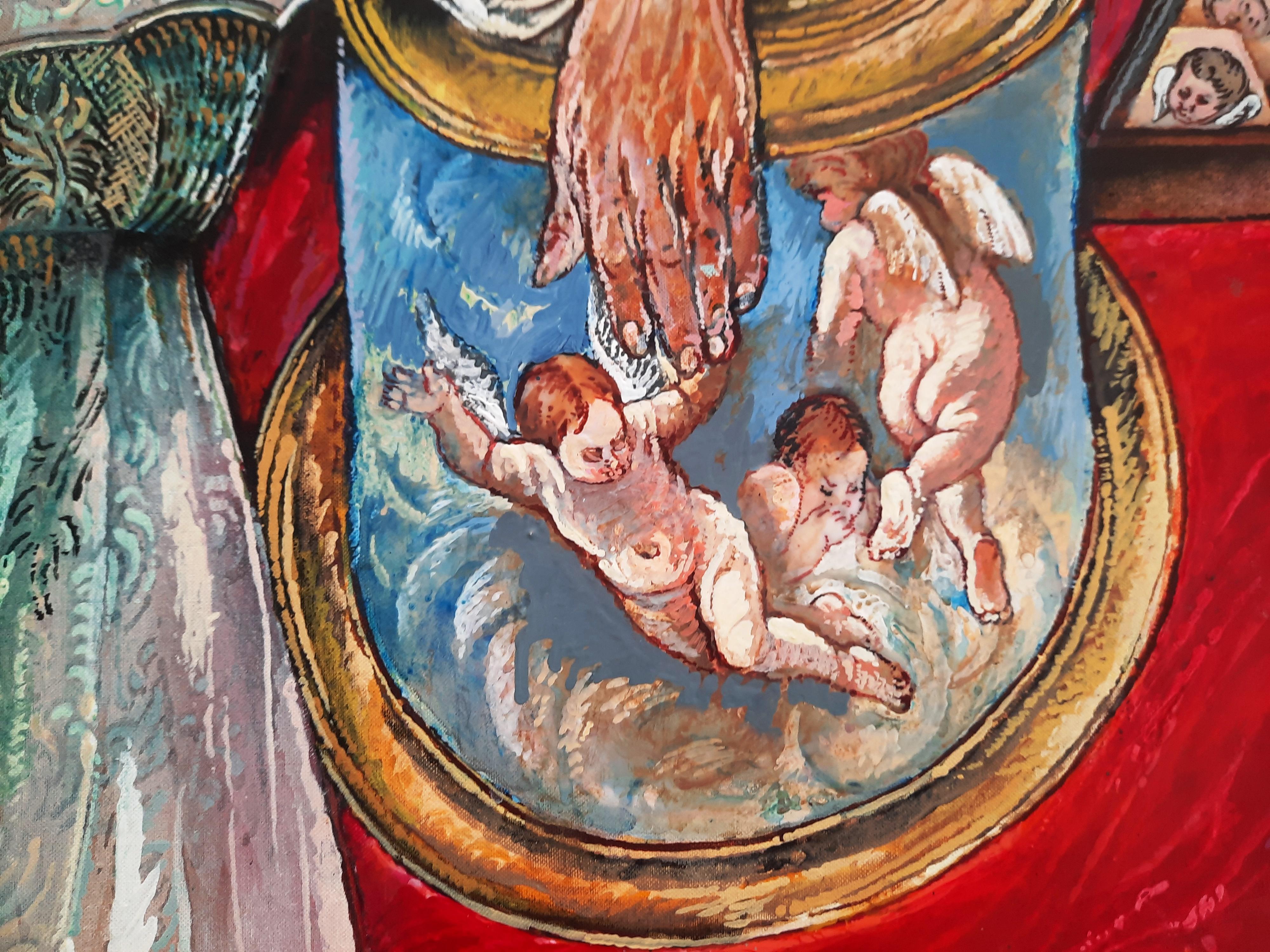 The Angels Pincas-Moreno Moreno Art contemporain peinture femme rouge plage en vente 9