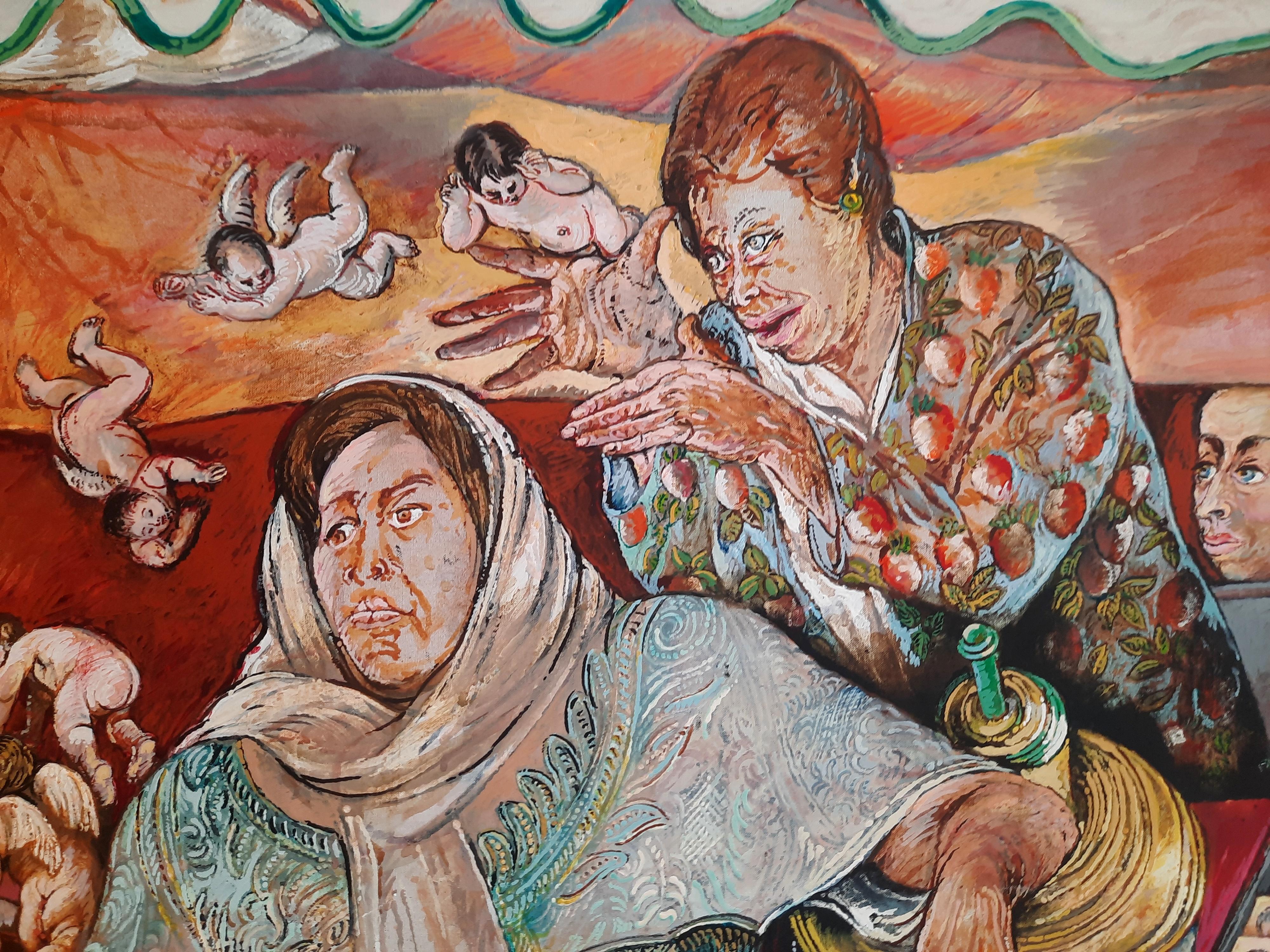 The Angels Pincas-Moreno Moreno Art contemporain peinture femme rouge plage - Painting de Moreno Pincas