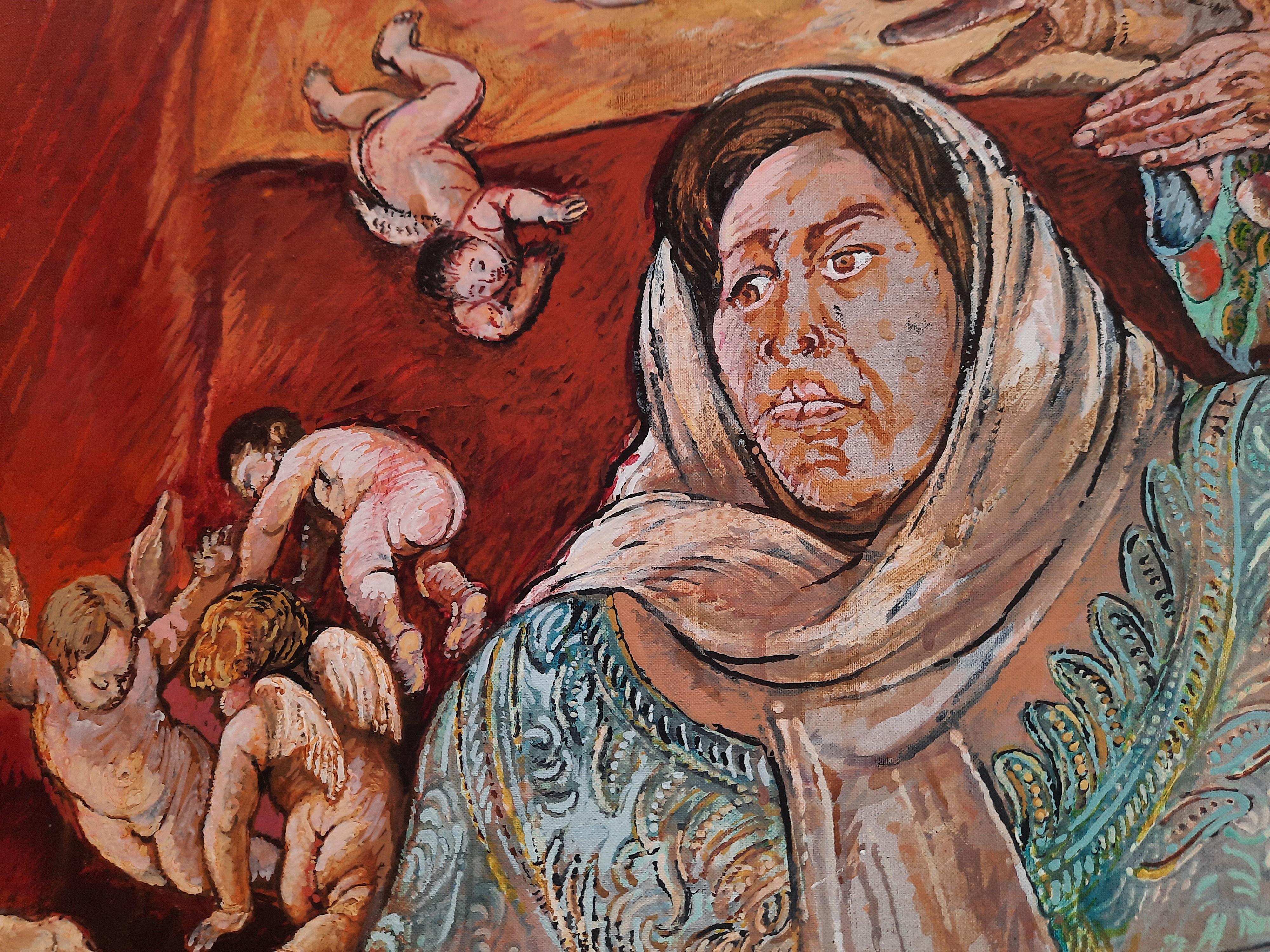The Angels Pincas-Moreno Moreno Art contemporain peinture femme rouge plage - Marron Portrait Painting par Moreno Pincas