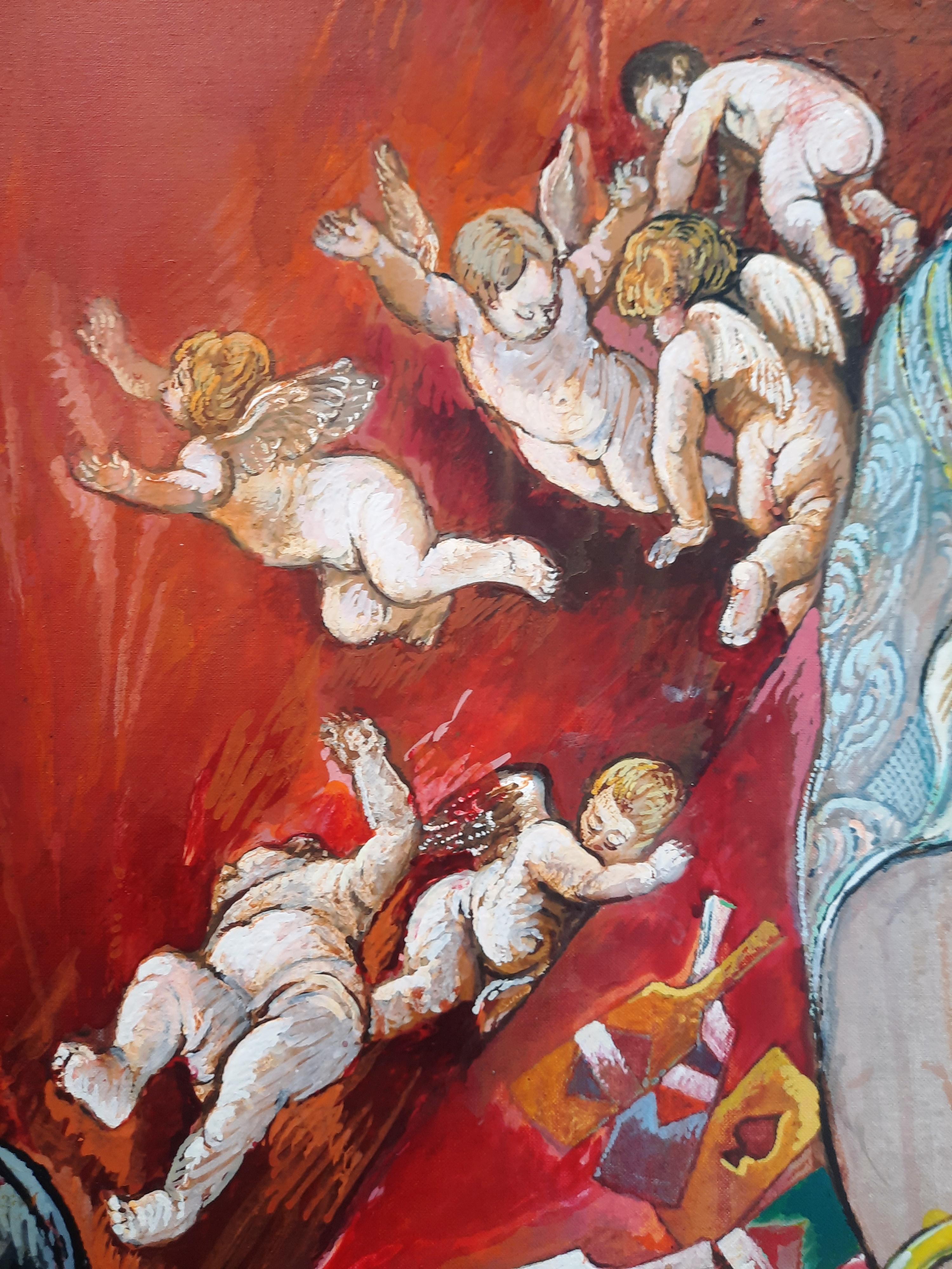 The Angels Pincas-Moreno Moreno Art contemporain peinture femme rouge plage en vente 1