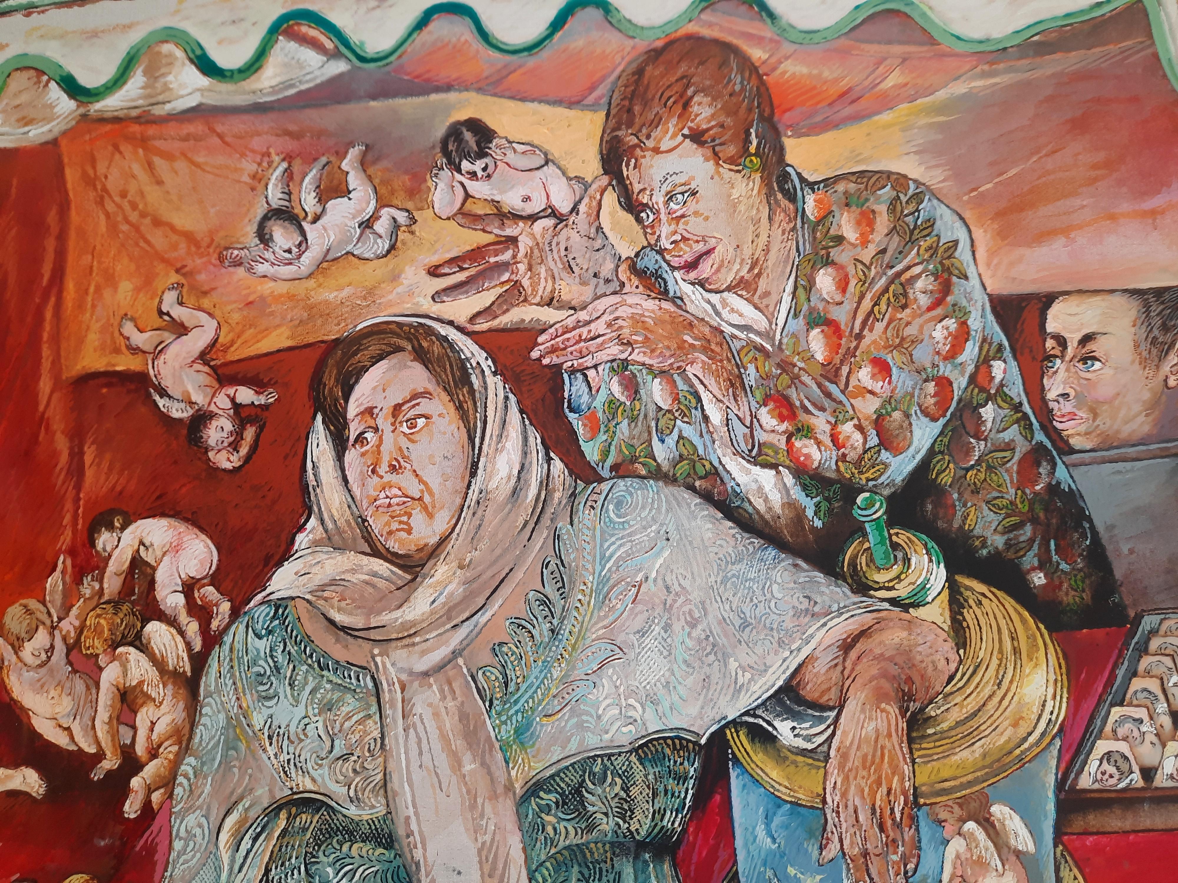 The Angels Pincas-Moreno Moreno Art contemporain peinture femme rouge plage en vente 2
