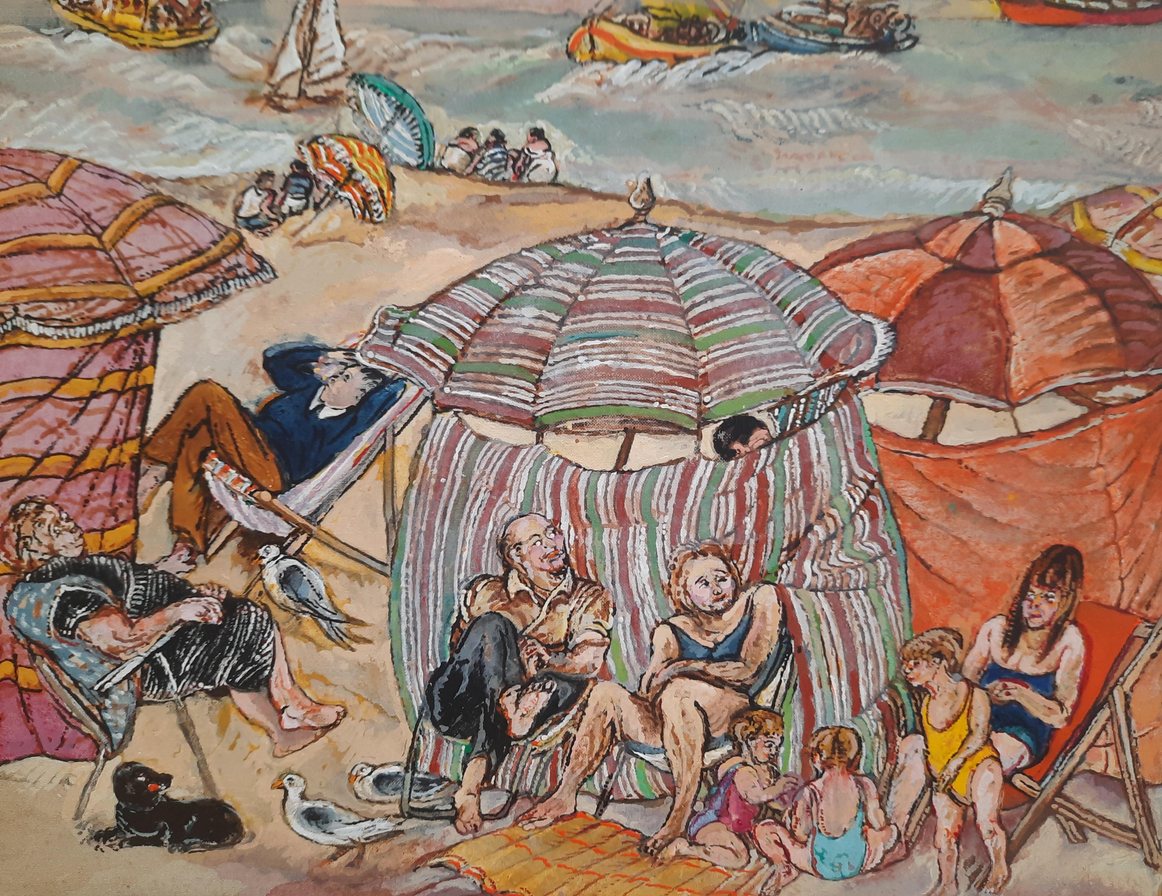 The Angels Pincas-Moreno Moreno Art contemporain peinture femme rouge plage en vente 4