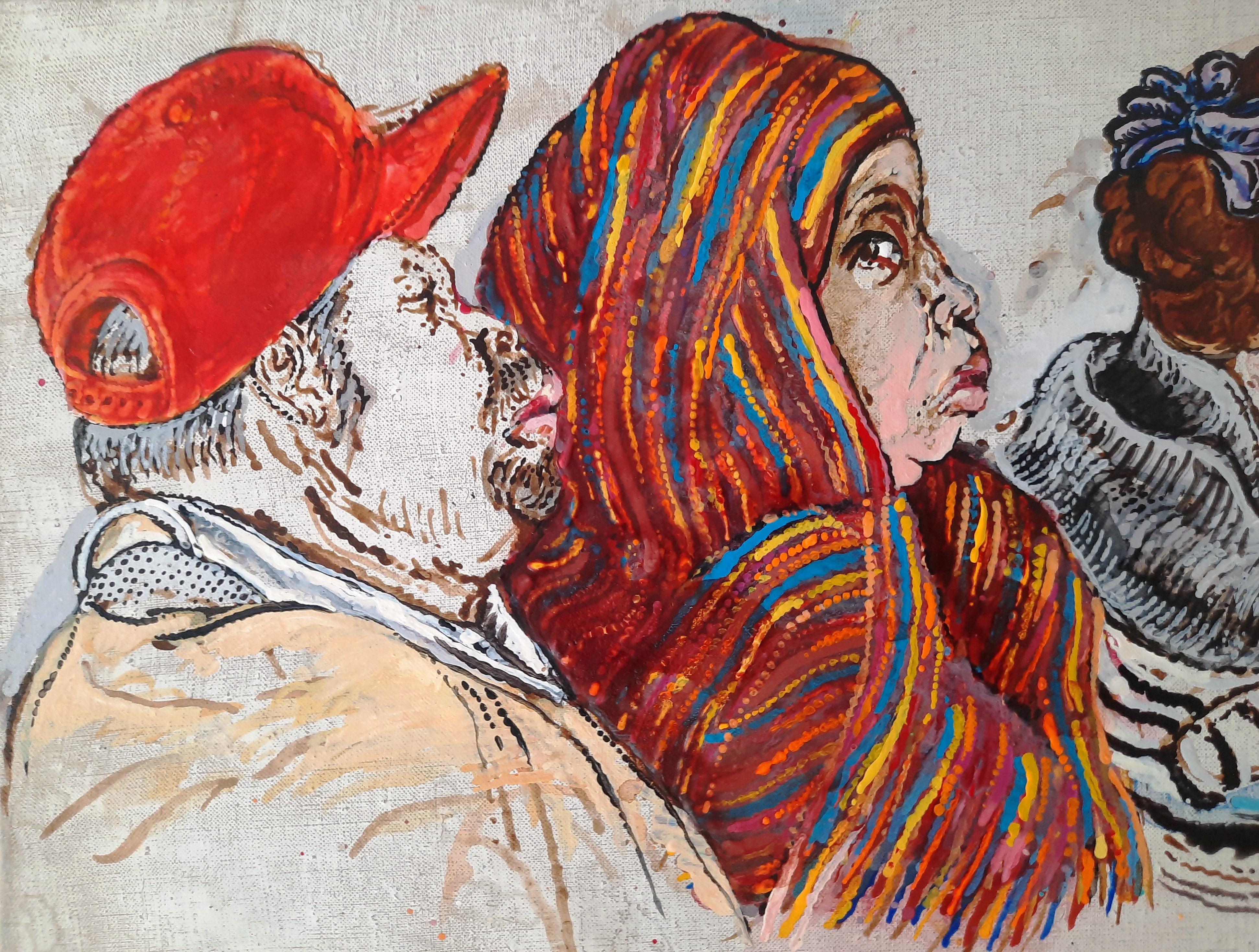 Le chapeau rouge A Moreno Moreno Art contemporain peinture portrait personnes figuratif  en vente 3