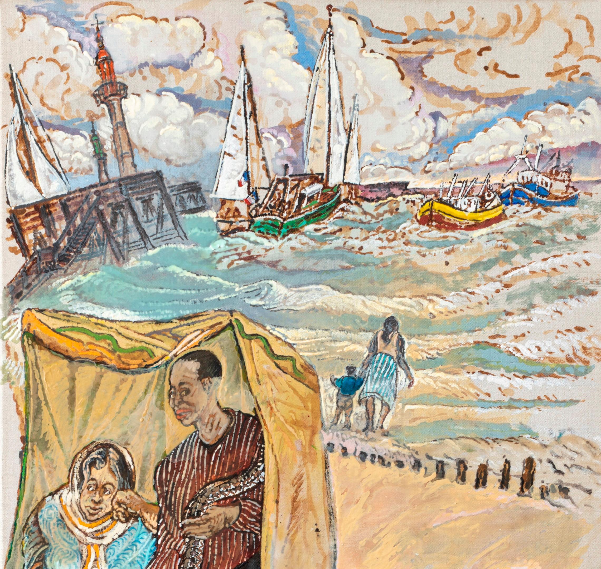 The teller A Moreno Moreno Art contemporain peinture à l'huile mer sirène bateau sable - Contemporain Painting par Moreno Pincas