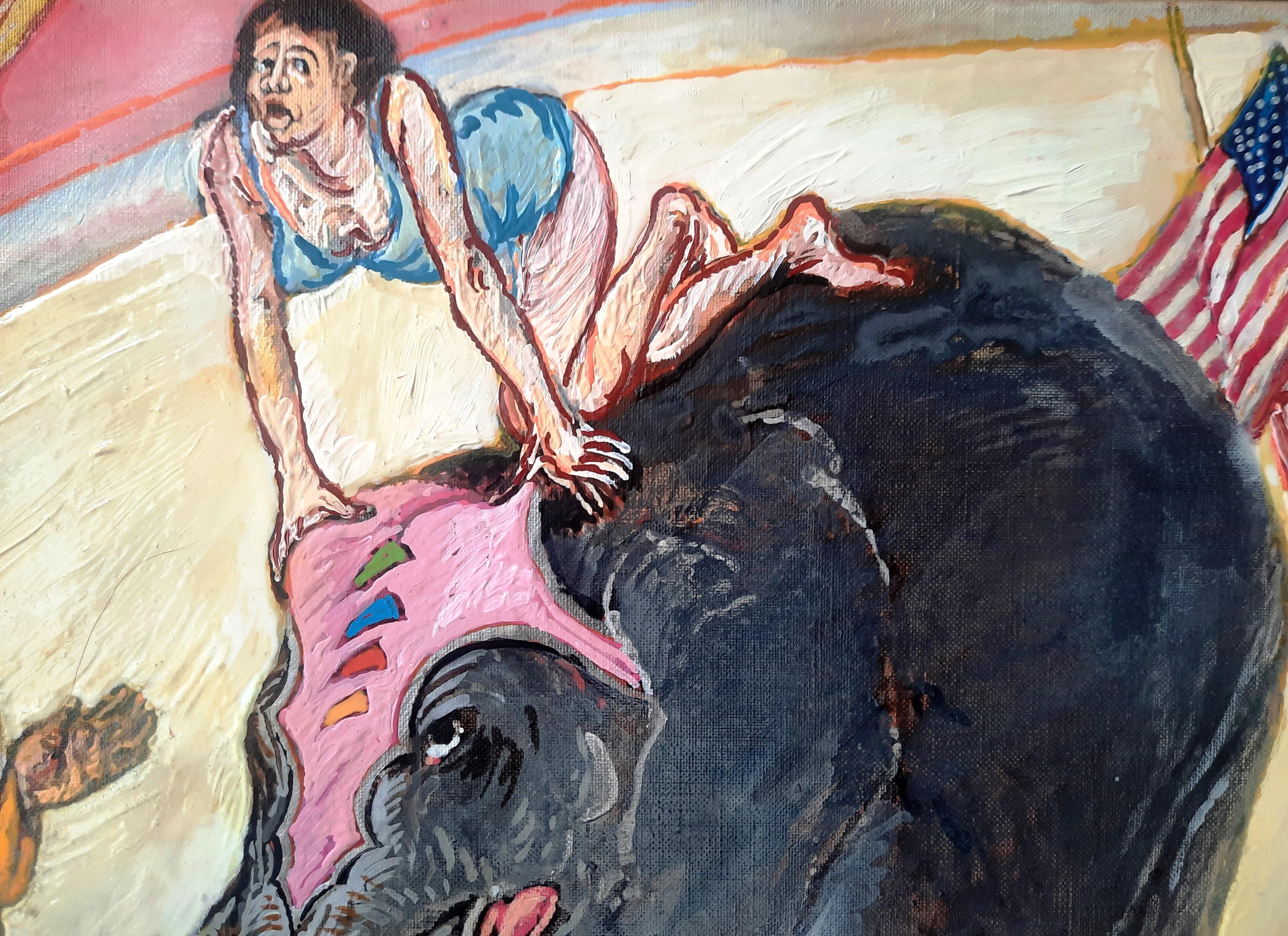 The two elephants Moreno Pincas Contemporary art painting circus animals pastel  10