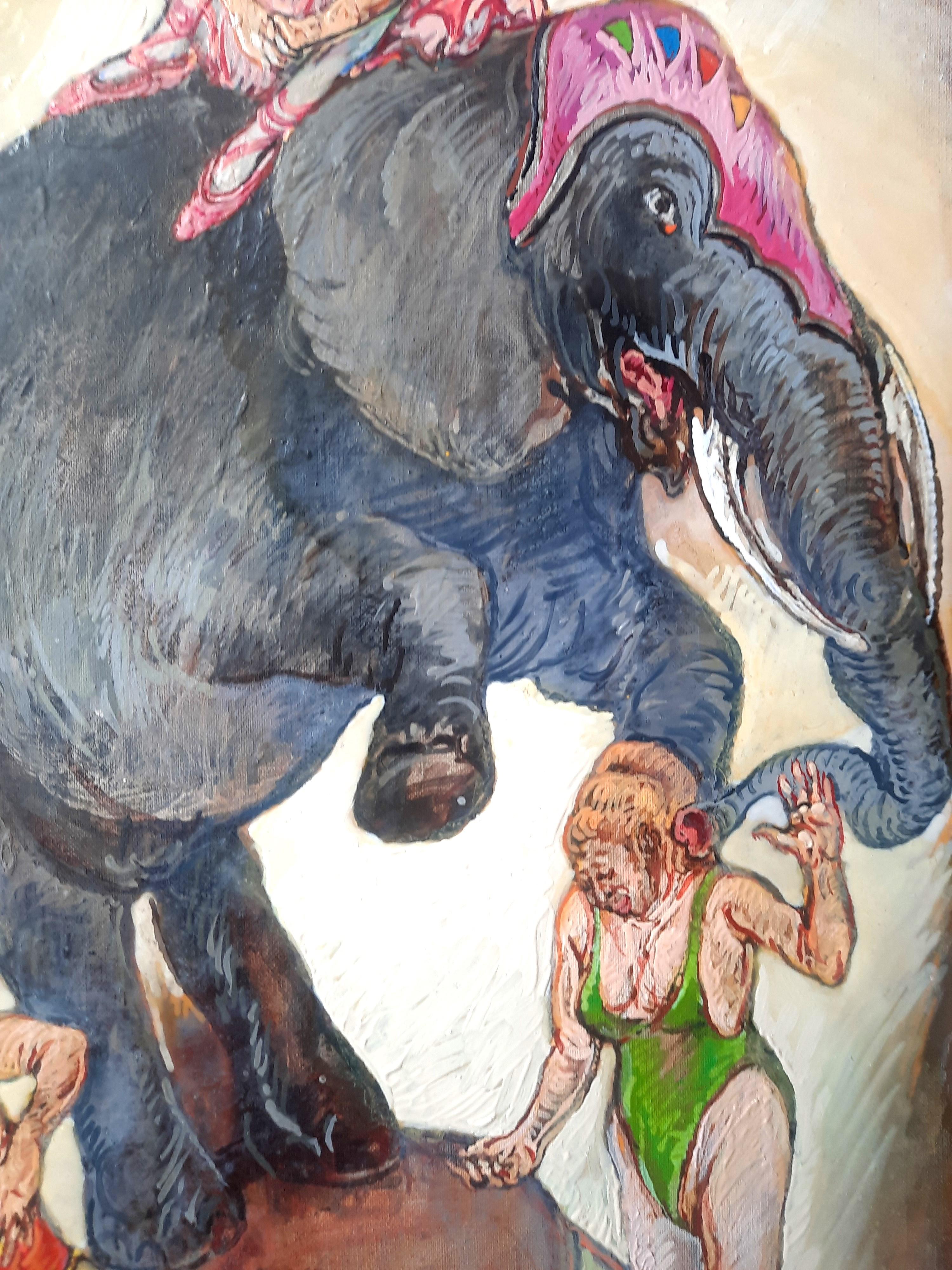 The two elephants Moreno Pincas Contemporary art painting circus animals pastel  4