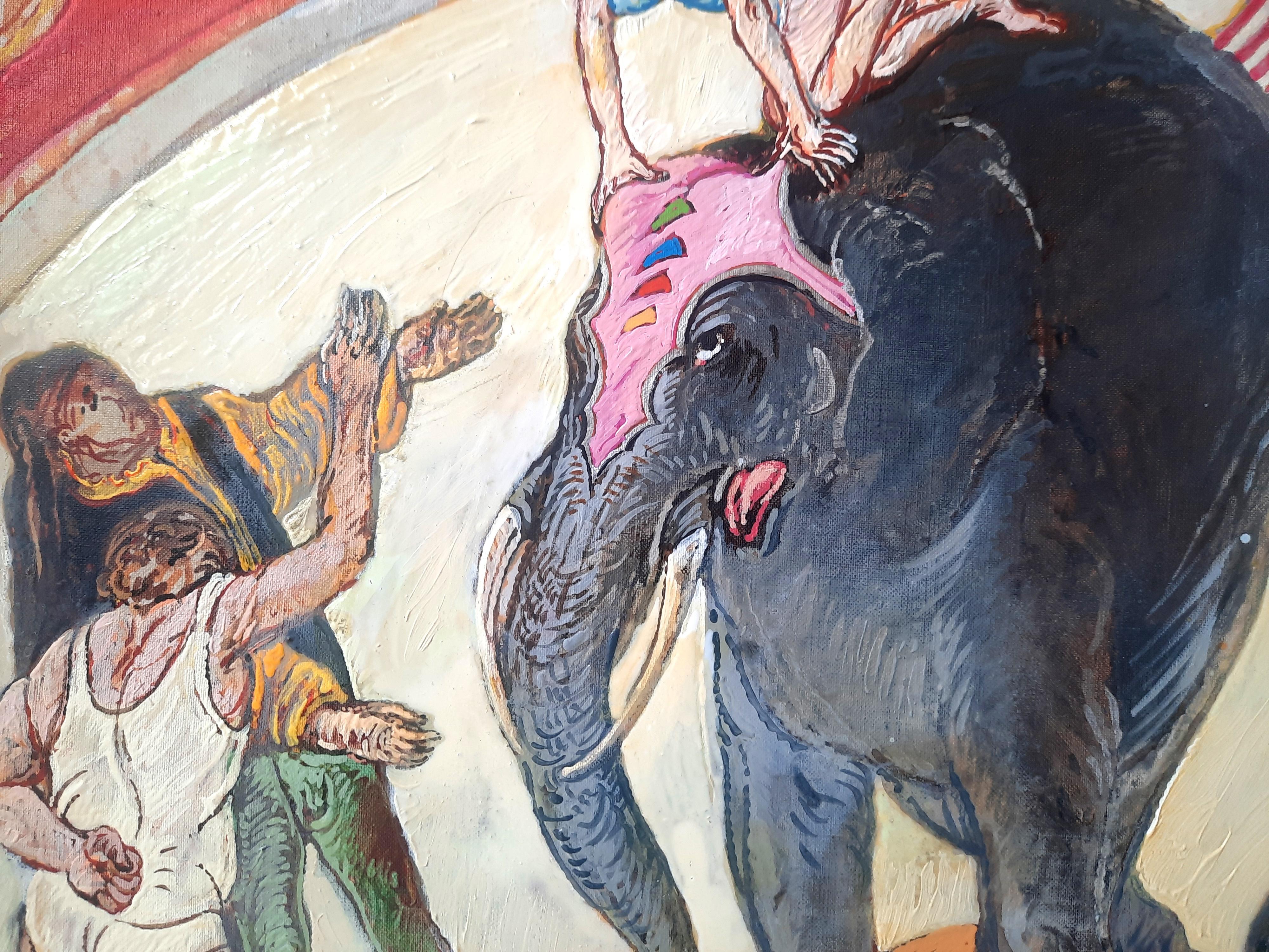 The two elephants Moreno Pincas Contemporary art painting circus animals pastel  5