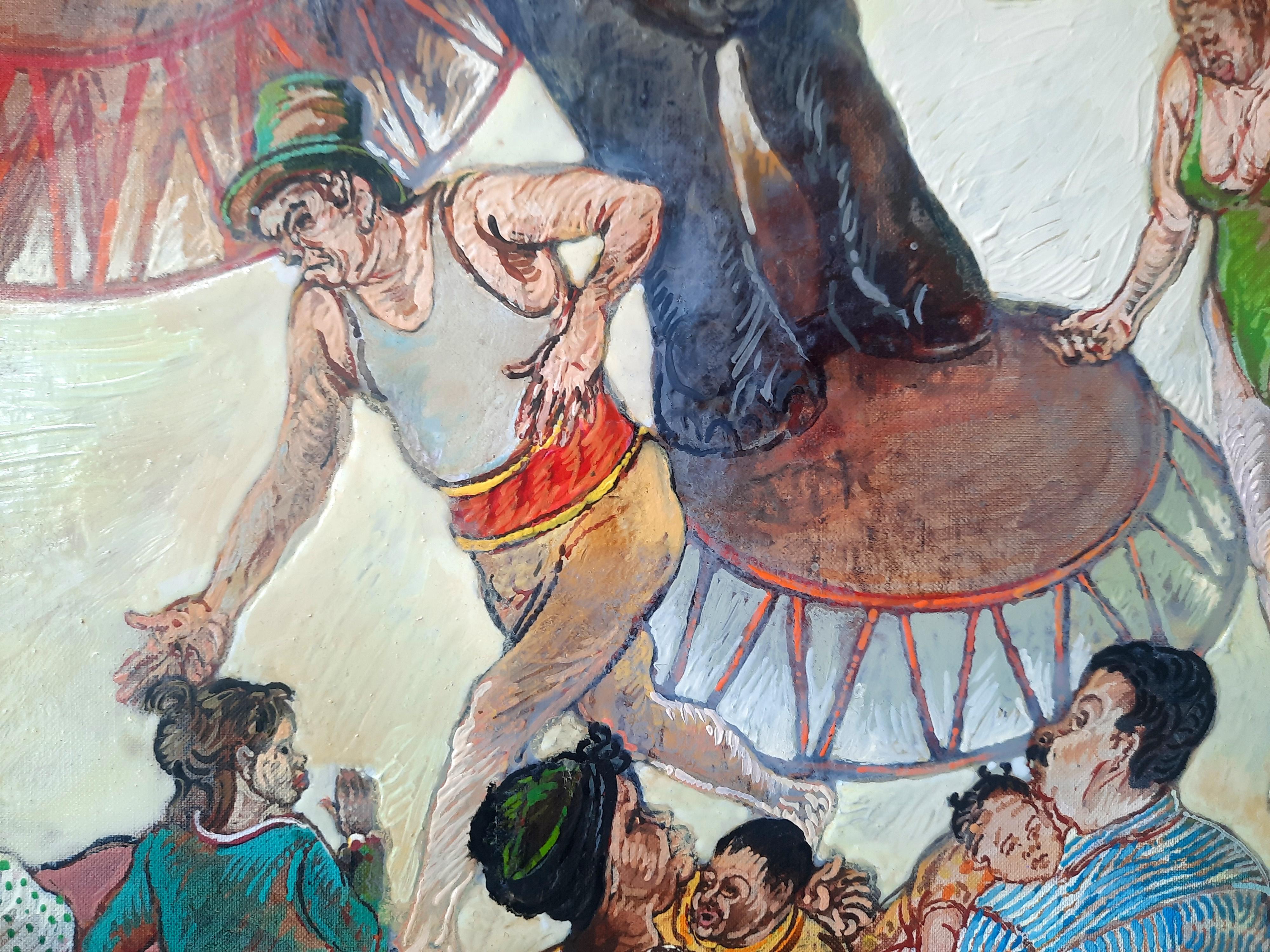 The two elephants Moreno Pincas Contemporary art painting circus animals pastel  7