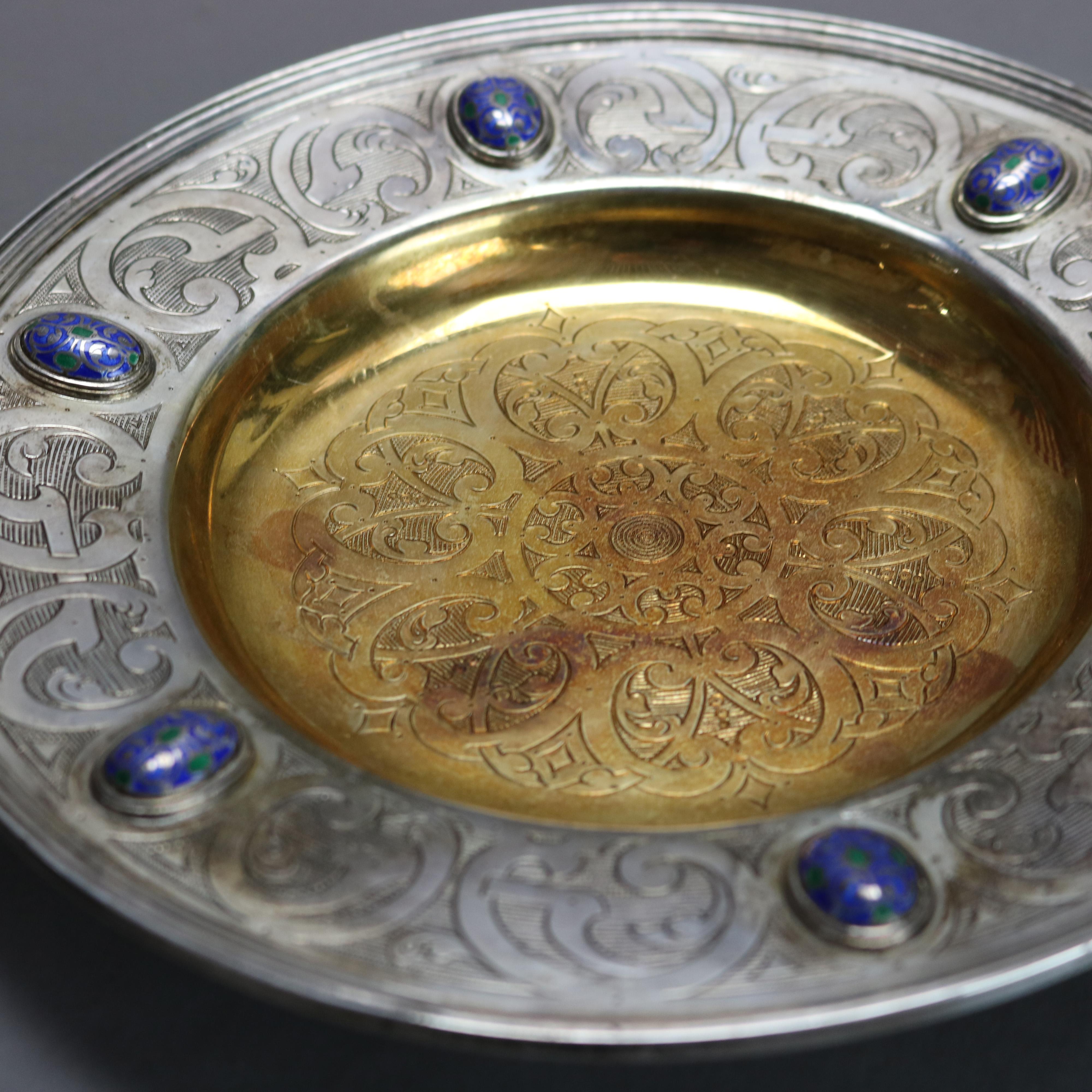 Moreno Sterling Silver Challis & Serving Plate with Enameled Jewels 20thC 6