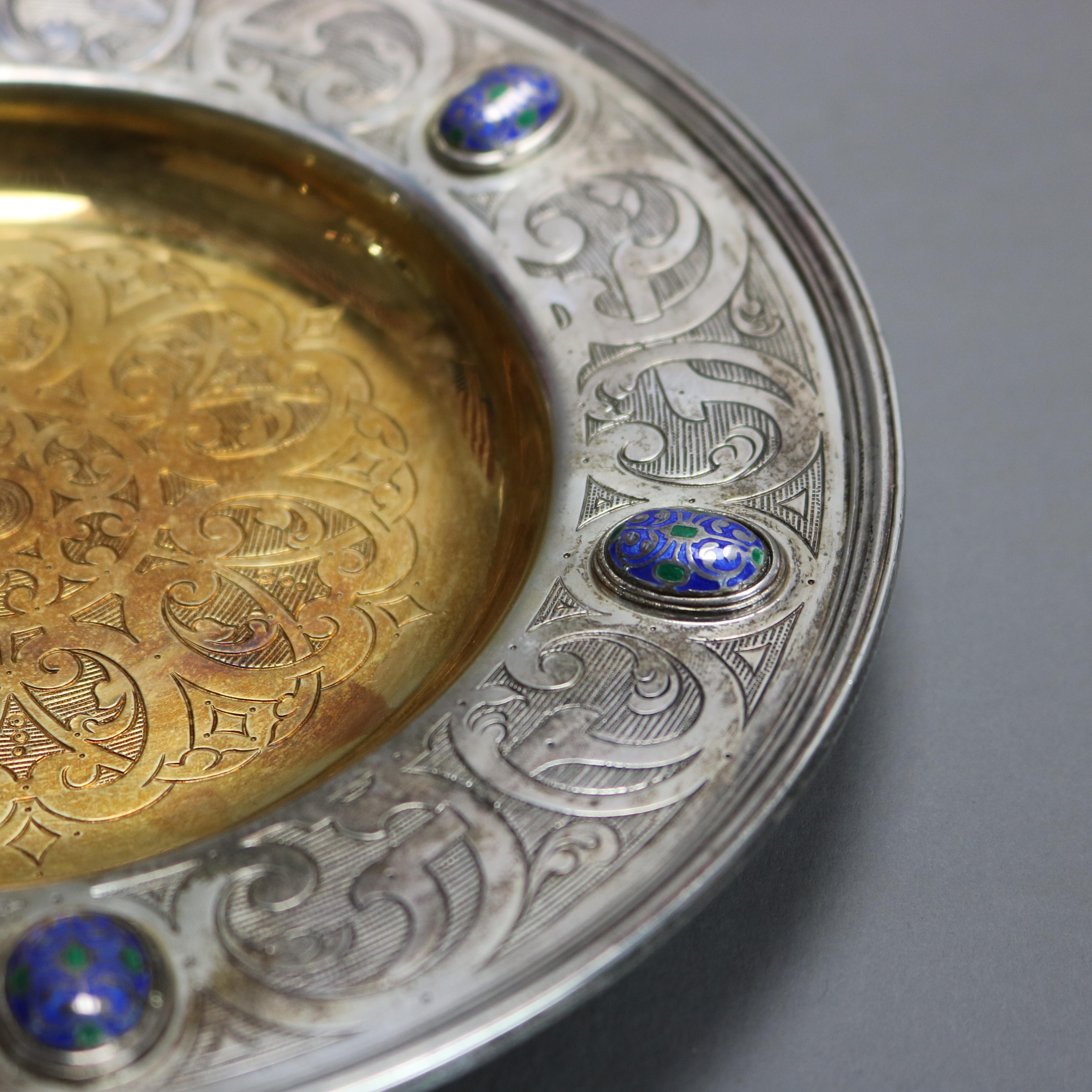 Moreno Sterling Silver Challis & Serving Plate with Enameled Jewels 20thC 7