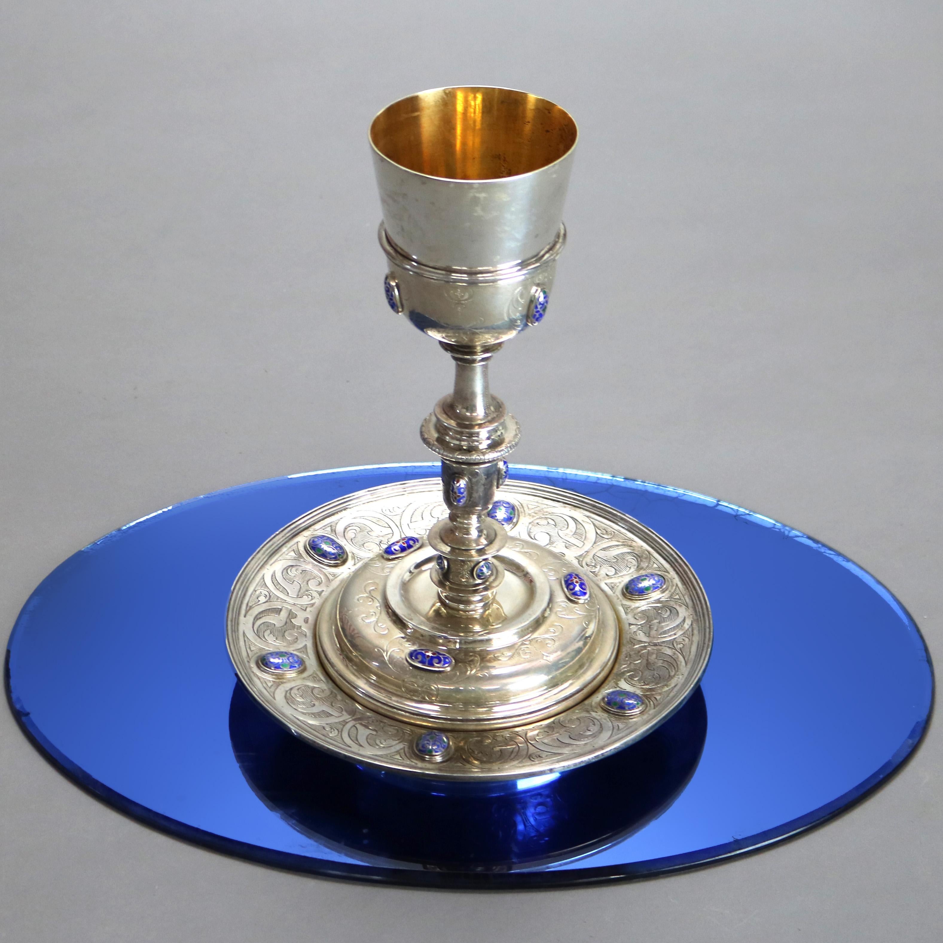 Moreno Sterling Silver Challis & Serving Plate with Enameled Jewels 20thC 9
