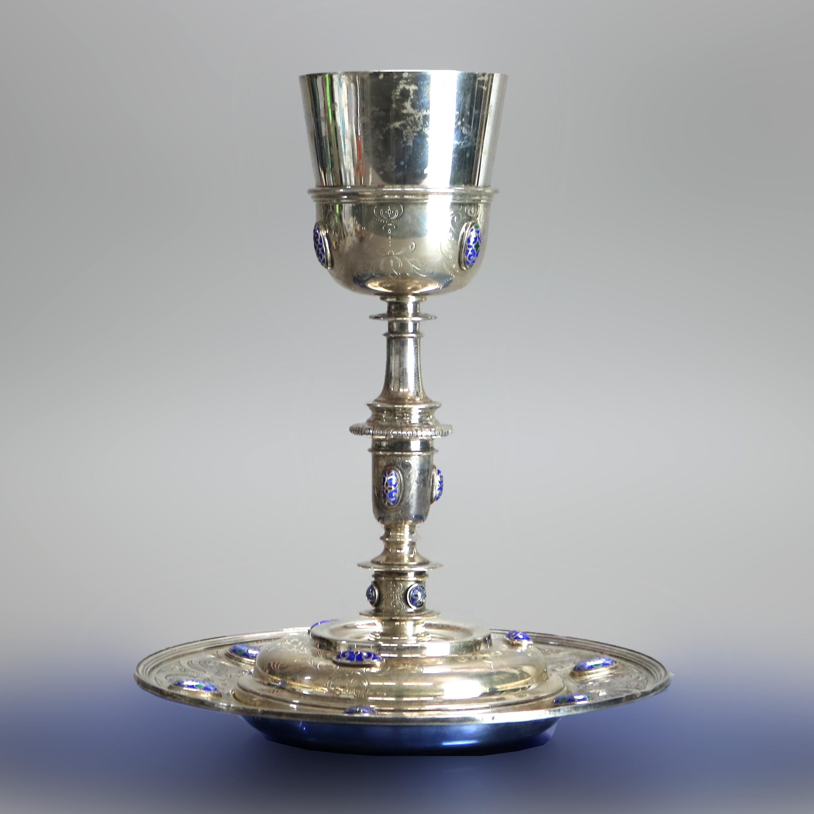 Moreno Sterling Silver Challis & Serving Plate with Enameled Jewels & Gold Washed Interior, 35 Troy Ounces, 20thC

Measures- Chalice 9.5
