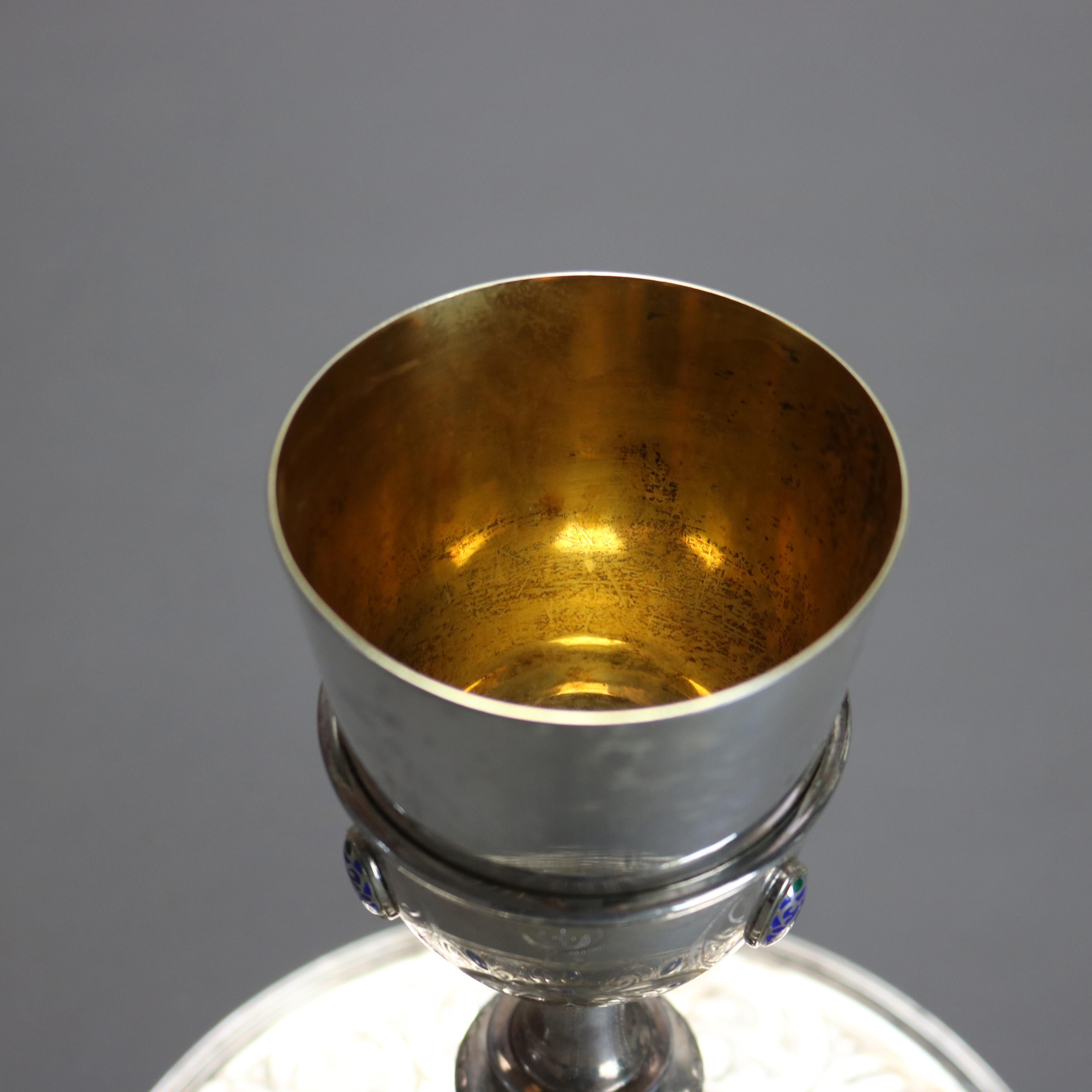 Moreno Sterling Silver Challis & Serving Plate with Enameled Jewels 20thC In Good Condition In Big Flats, NY