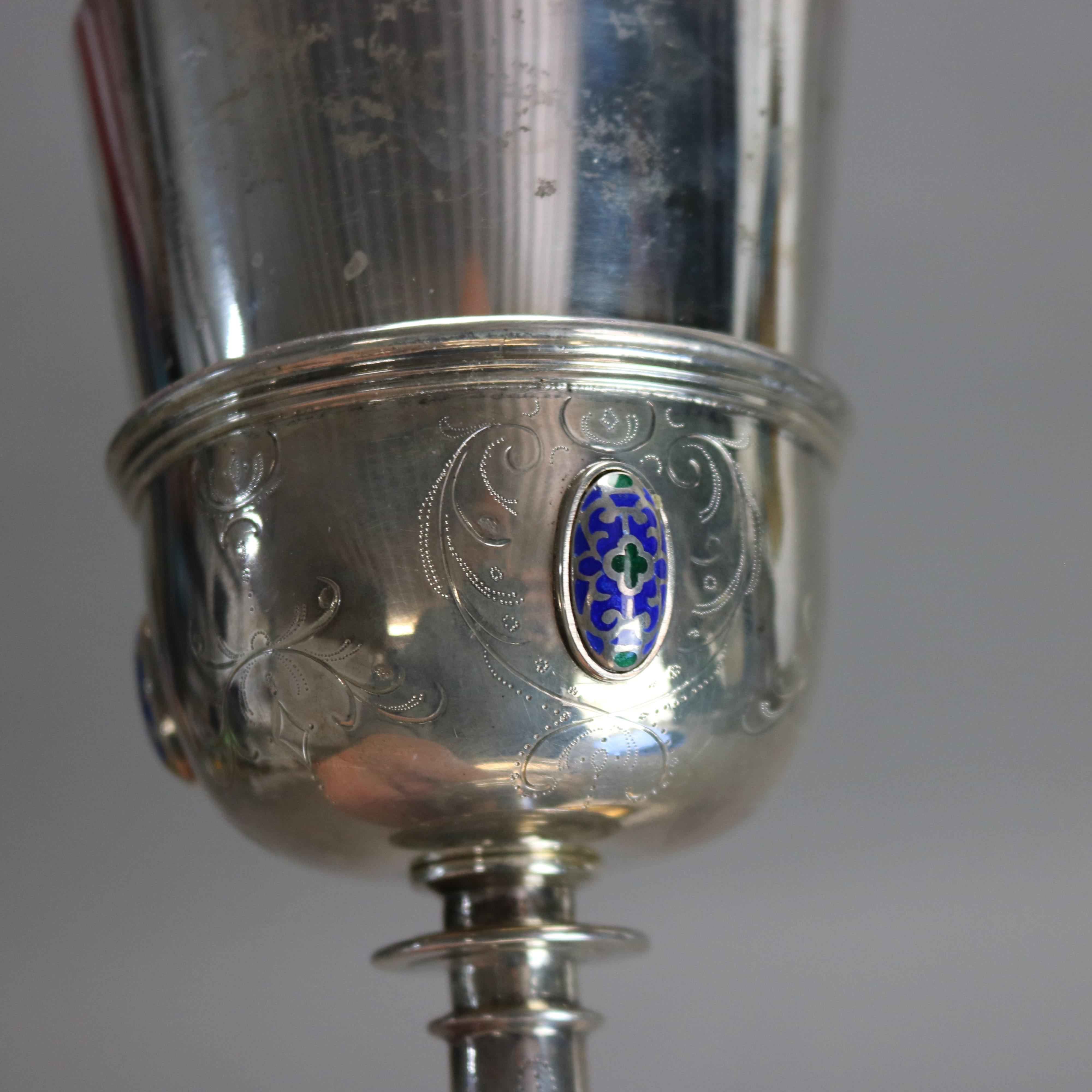 20th Century Moreno Sterling Silver Challis & Serving Plate with Enameled Jewels 20thC